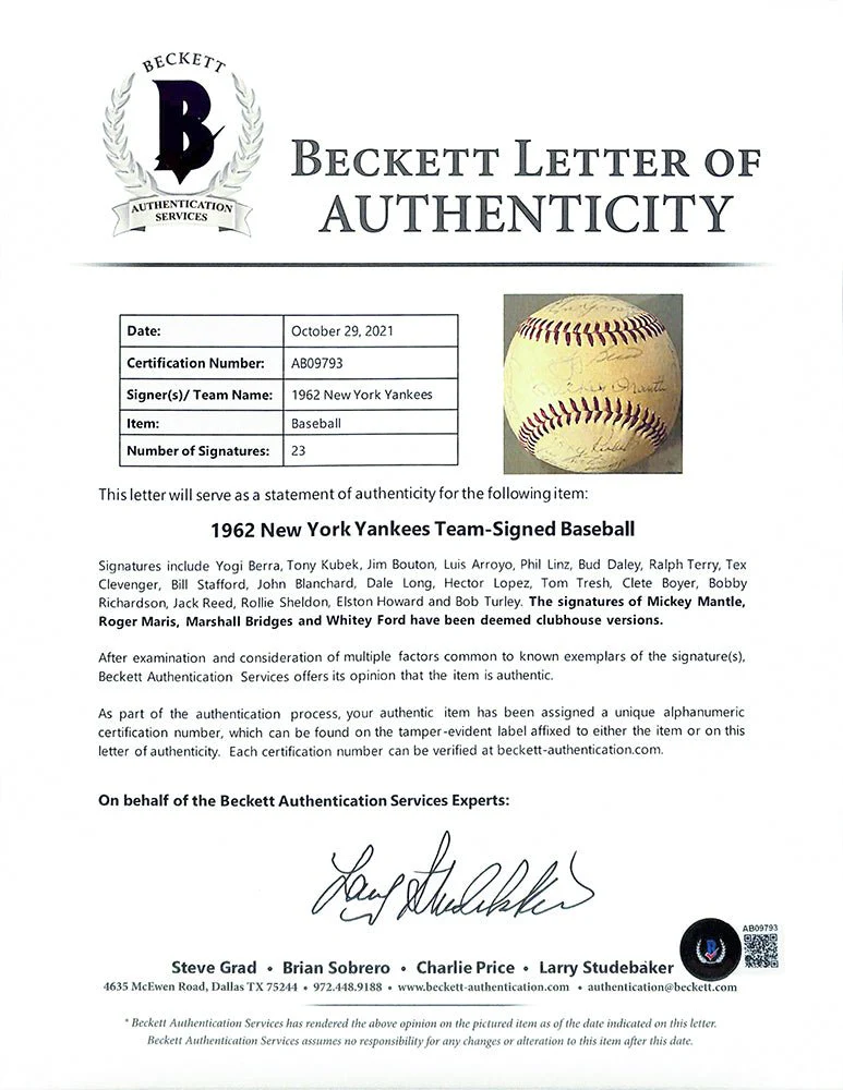 1962 New York Yankees Team Signed Baseball Yogi Berra + 22 Others BAS LOA - Image 7