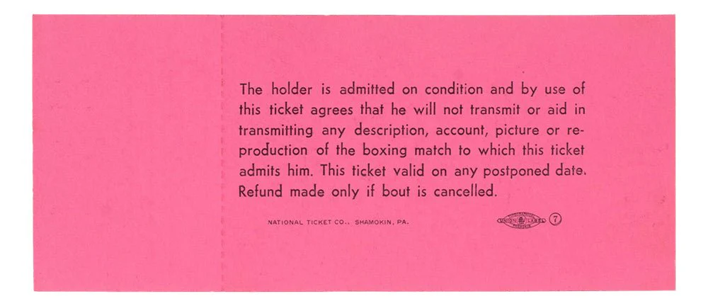 1965 Muhammad Ali Vs Sonny Liston Phantom Punch Boxing Match Pink Full Ticket - Image 3