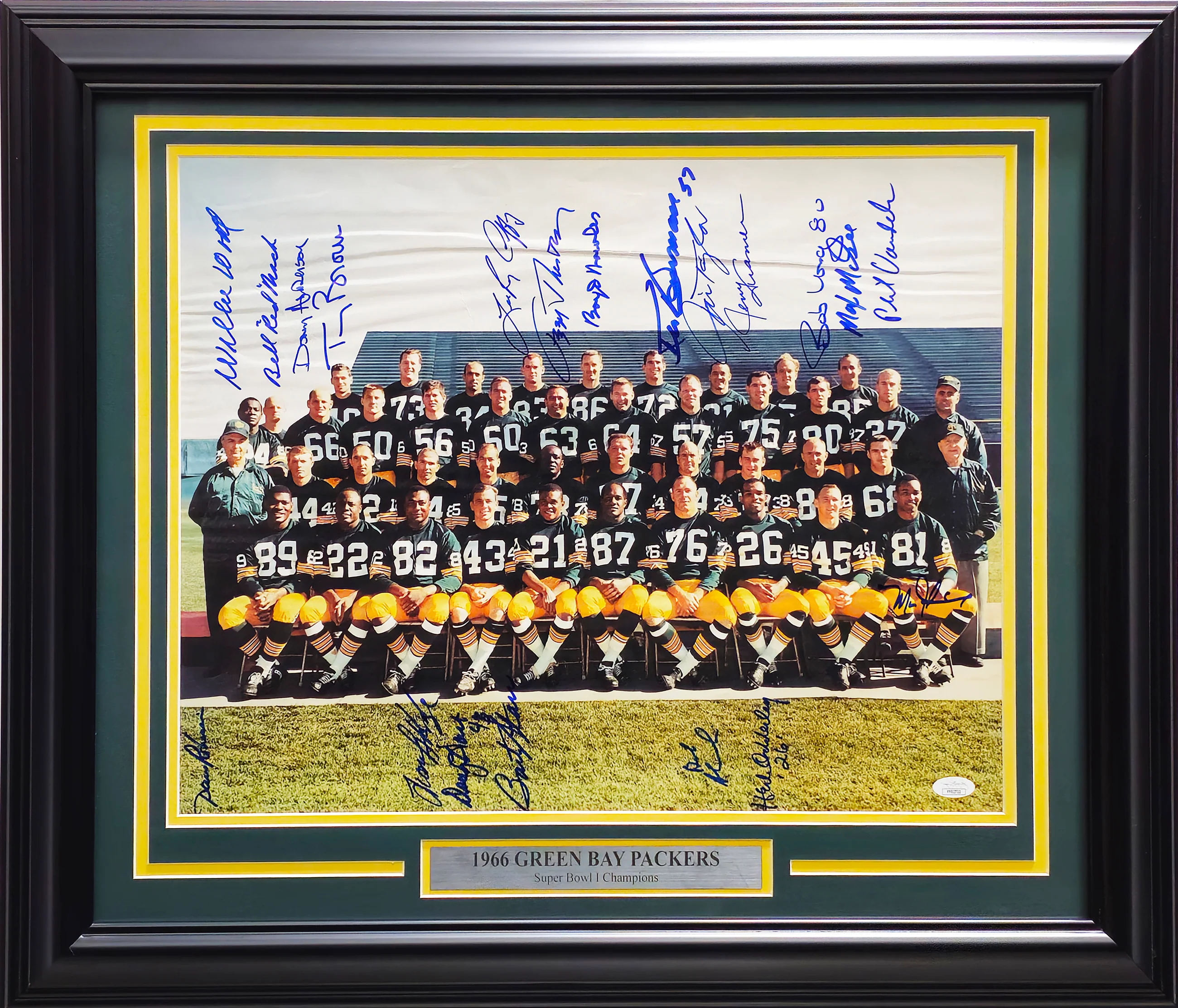 1966 Super Bowl I Champion Green Bay Packers Team Autographed Framed 16x20 Photo With 20 Signatures Including Bart Starr JSA #YY02722
