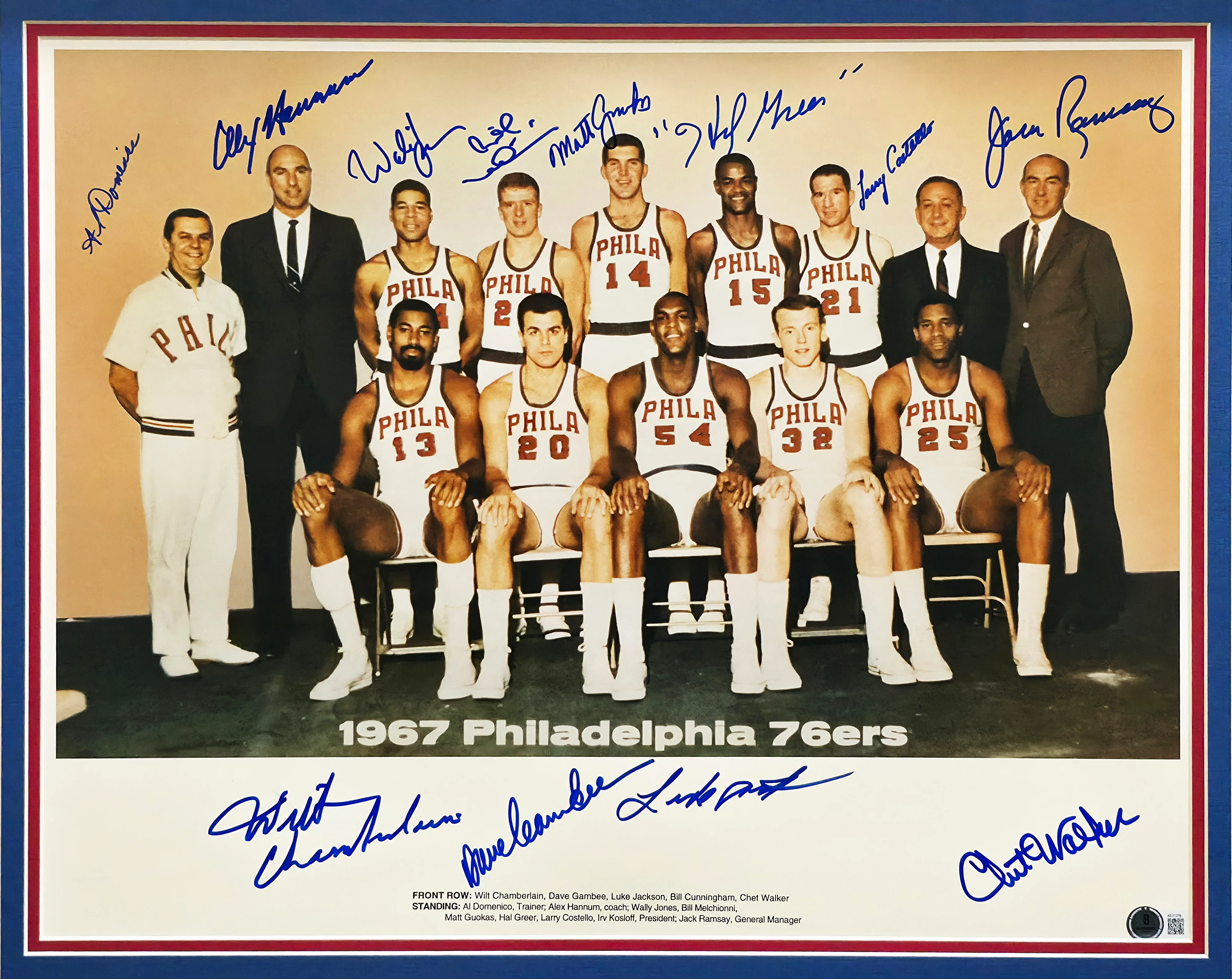 1967 Philadelphia 76ers Team Autographed Framed 16x20 Photo With 12 Signatures Including Wilt Chamberlain Beckett BAS #AE31376 - Image 2