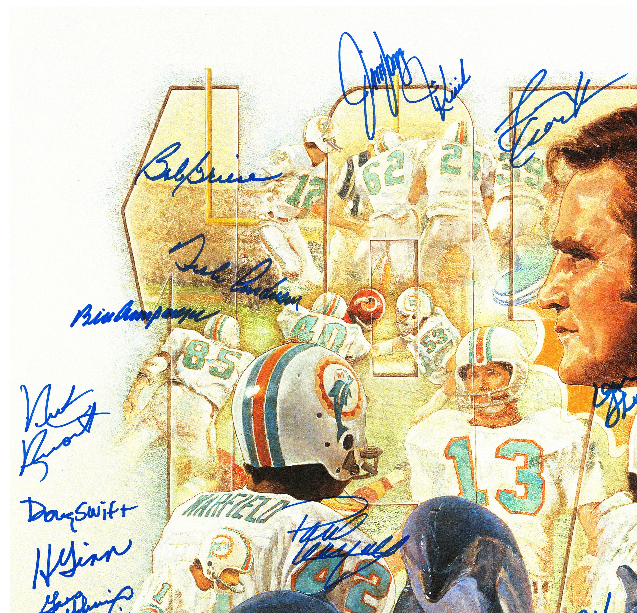 1972 Miami Dolphins Perfect Season Team Autographed 24x24 Lithograph Photo With 40+ Signatures Including Don Shula & Bob Griese #/217 Fanatics Holo Stock #246182 - Image 3
