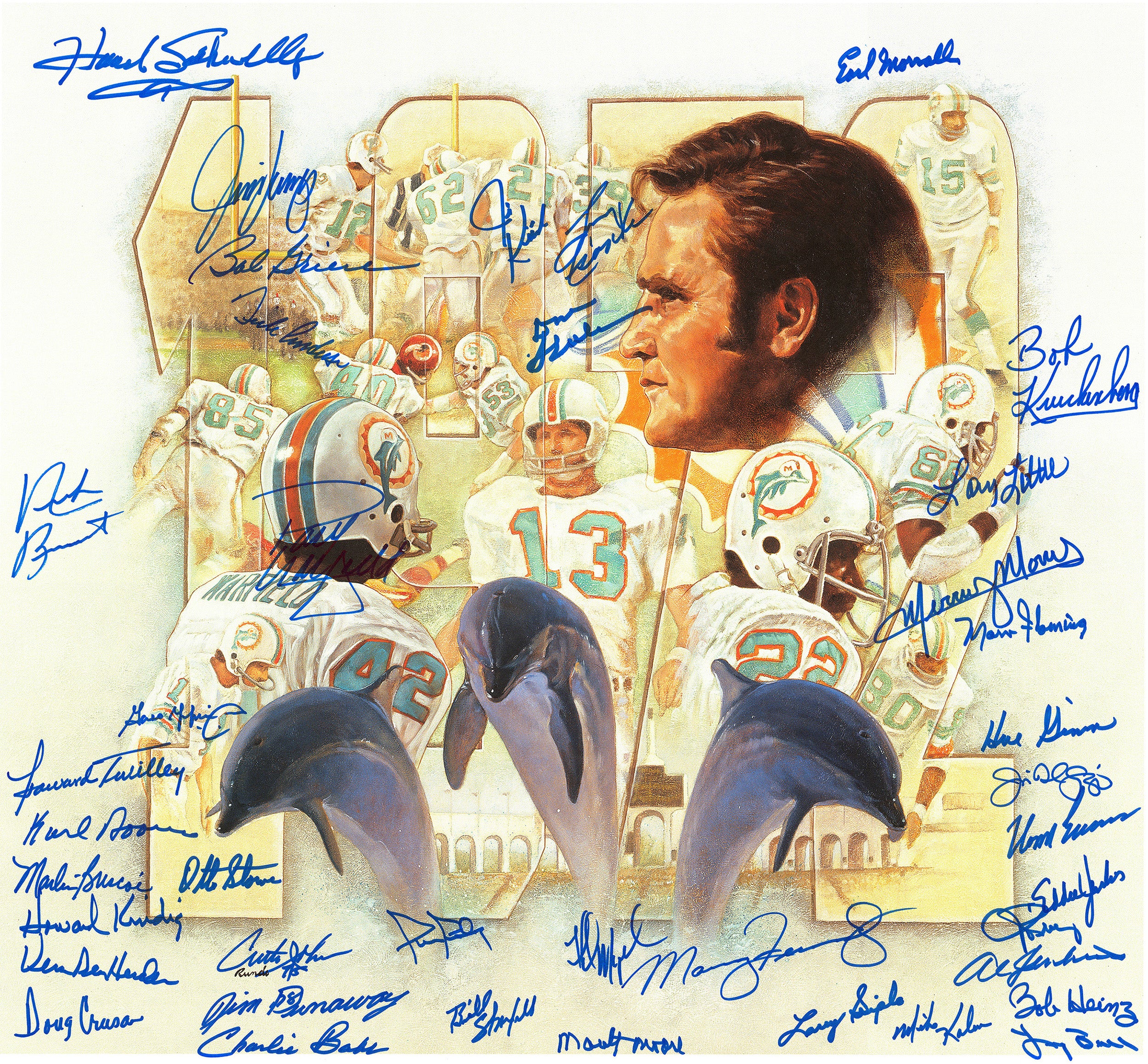 1972 Miami Dolphins Perfect Season Team Autographed 24x24 Lithograph Photo With 40 Signatures Including Shula & Griese Fanatics Holo Stock #255477 - Image 2