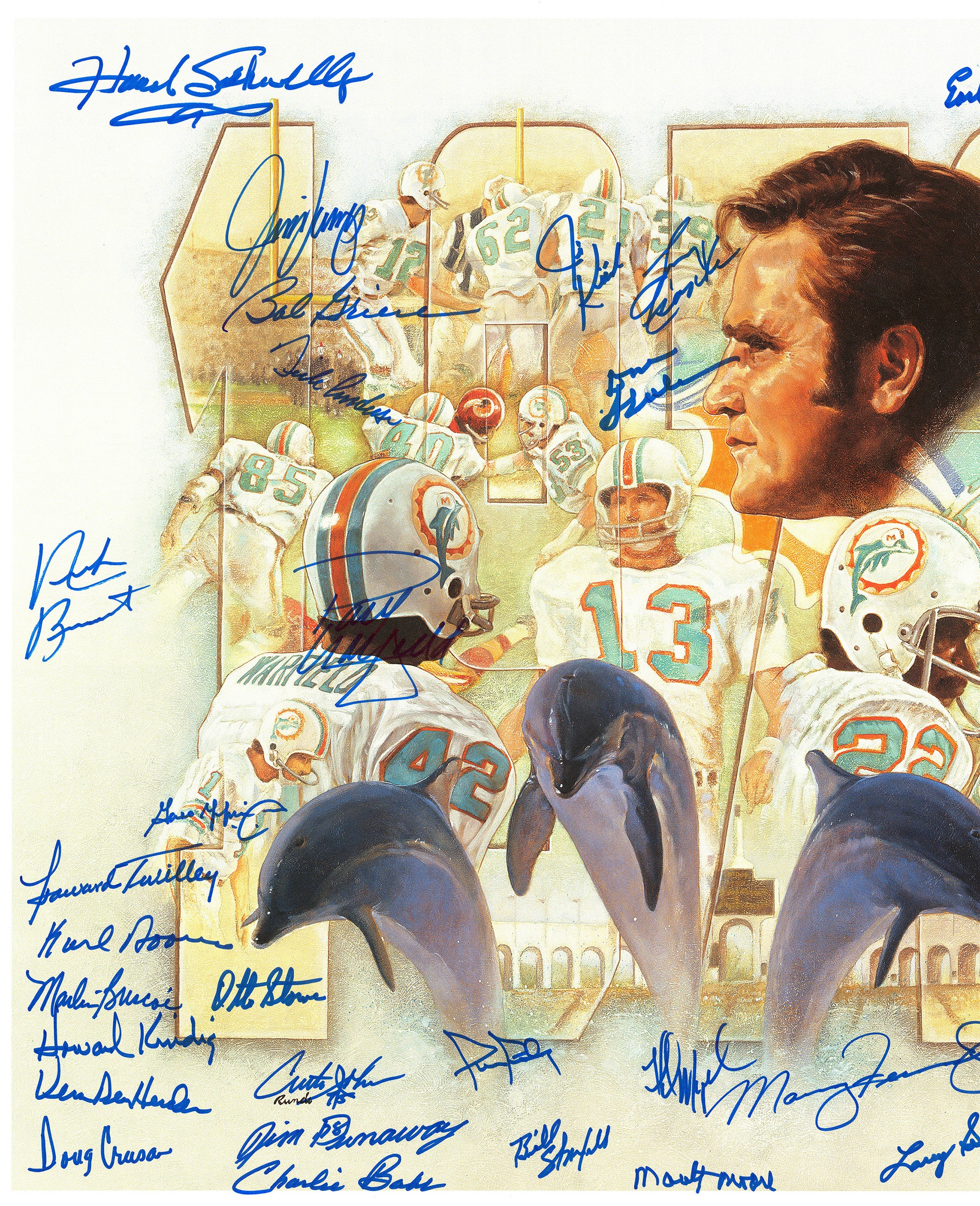 1972 Miami Dolphins Perfect Season Team Autographed 24x24 Lithograph Photo With 40 Signatures Including Shula & Griese Fanatics Holo Stock #255477 - Image 3