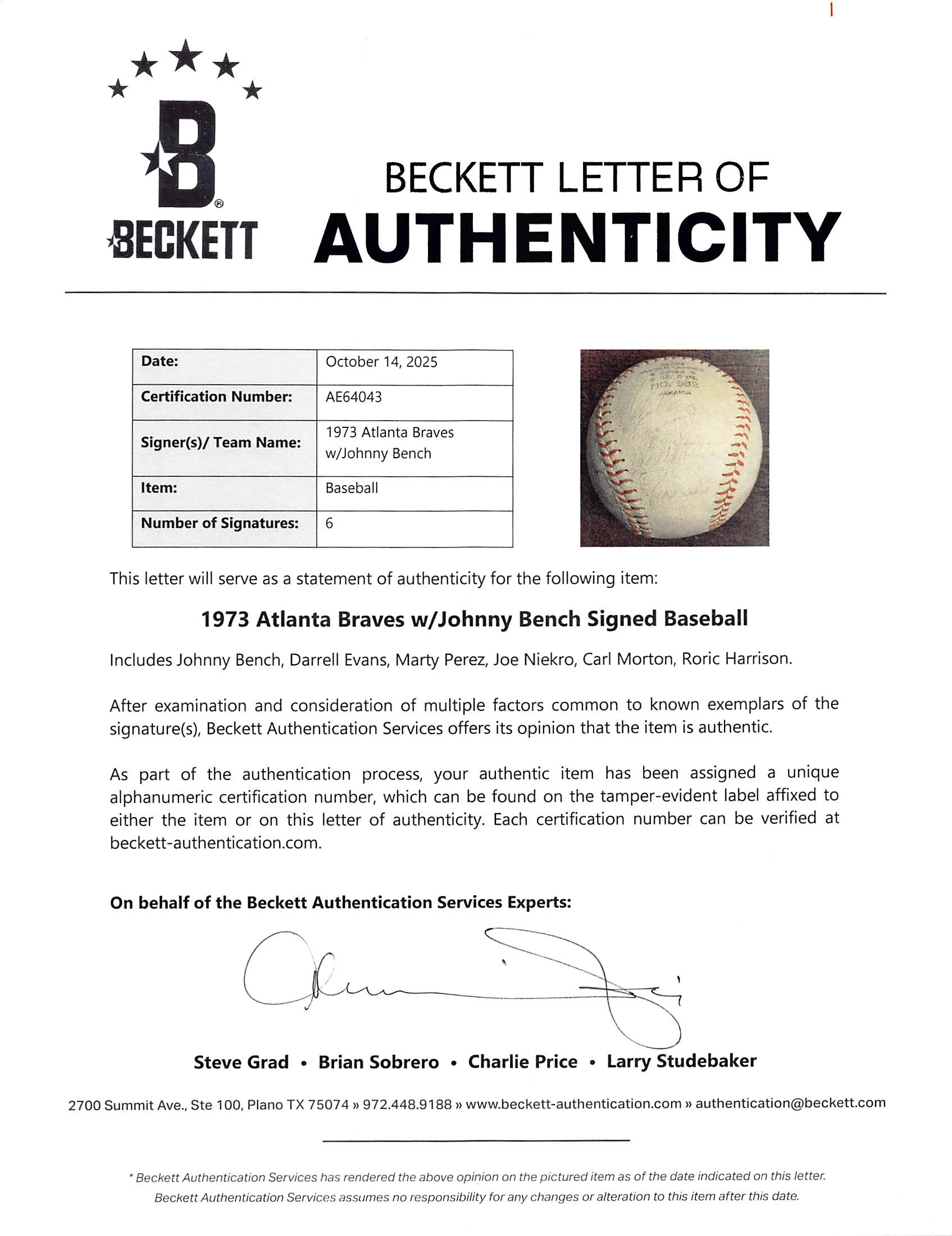 1973 Braves Niekro, Evans & Johnny Bench Signed Major League Baseball BAS LOA - Image 7