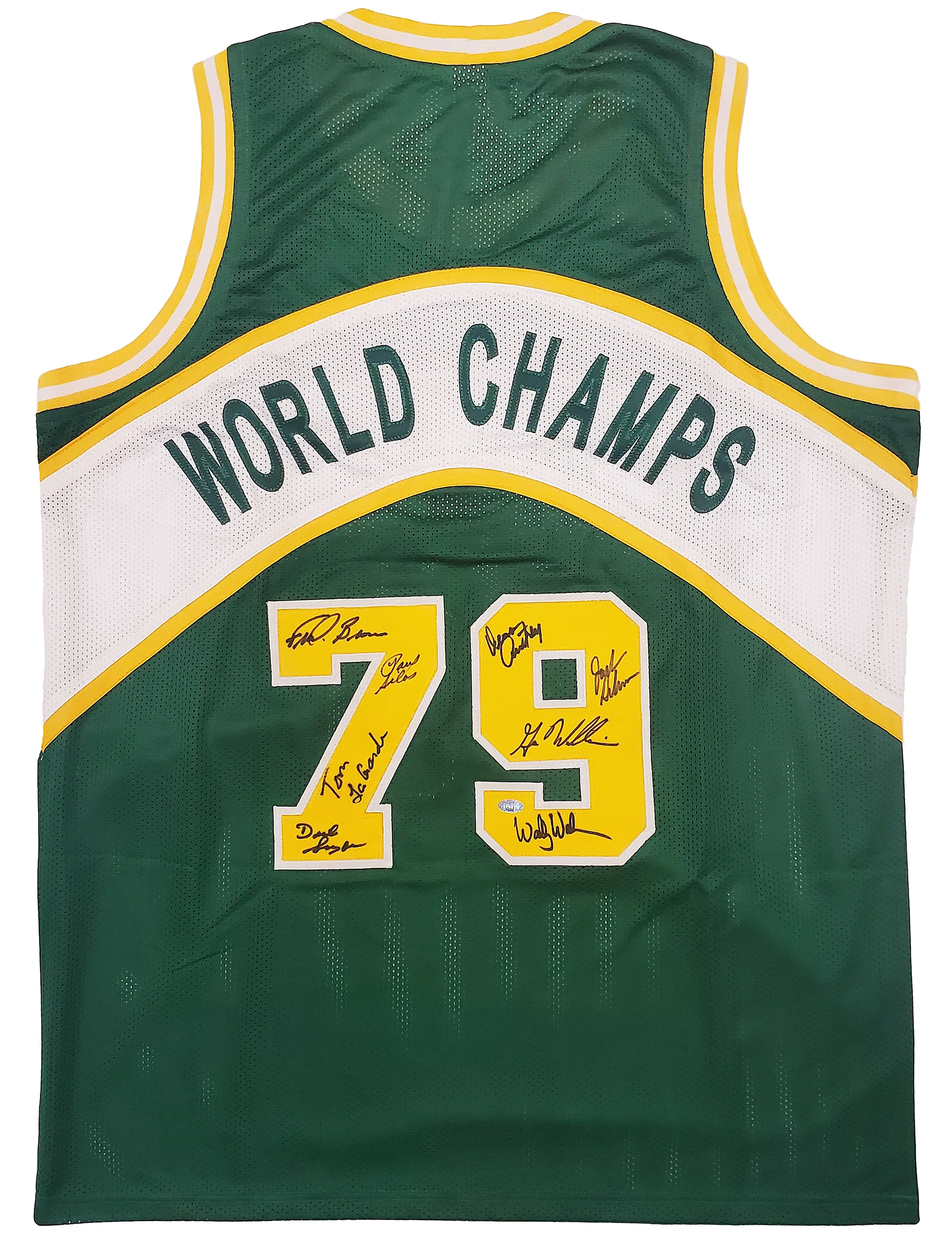 1978-79 NBA Champions Seattle Supersonics Multi Signed Autographed Green Jersey With 8 Signatures Including Fred Brown & Gus Williams MCS Holo Stock #145850 - Image 2