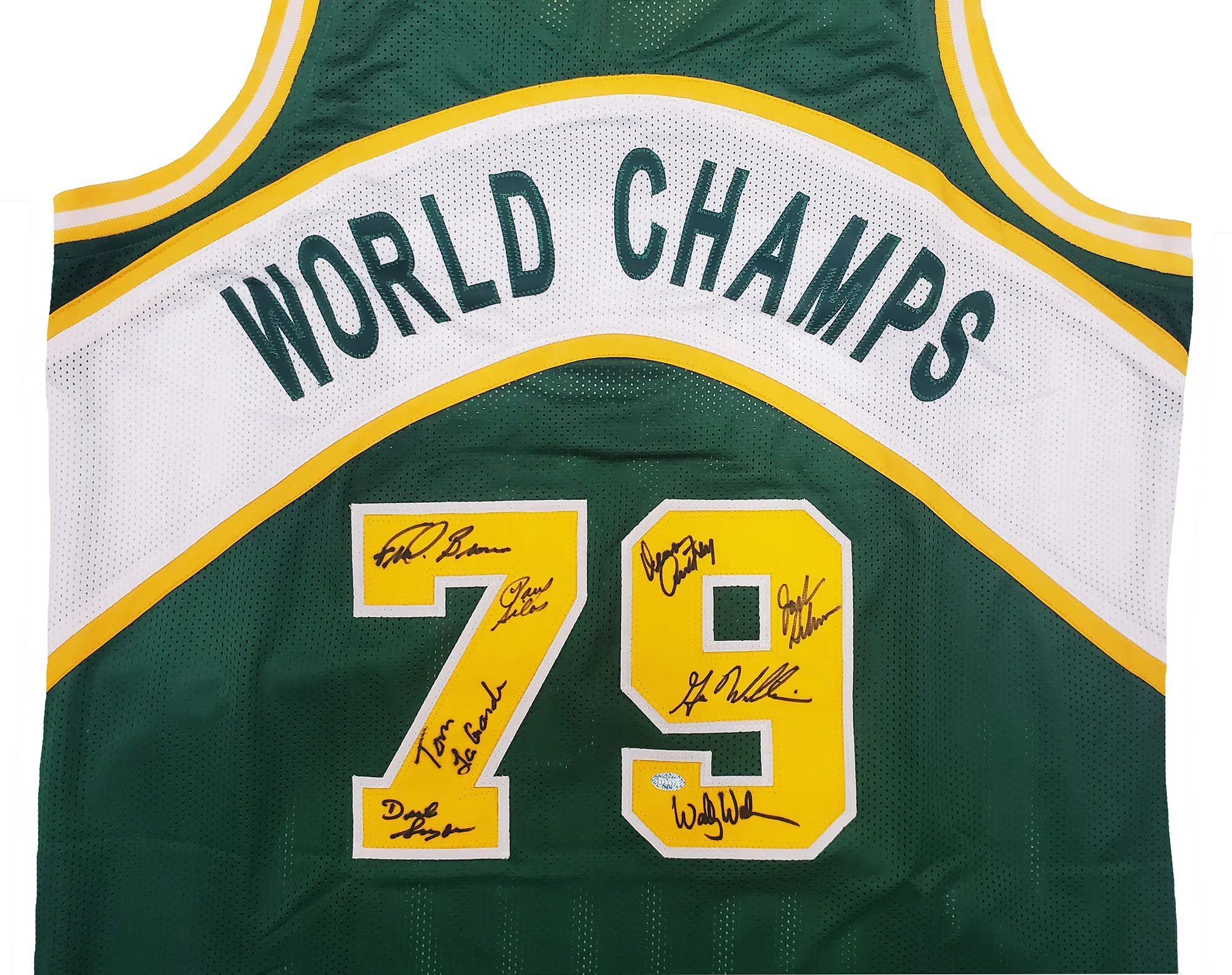 1978-79 NBA Champions Seattle Supersonics Multi Signed Autographed Green Jersey With 8 Signatures Including Fred Brown & Gus Williams MCS Holo Stock #145850 - Image 3