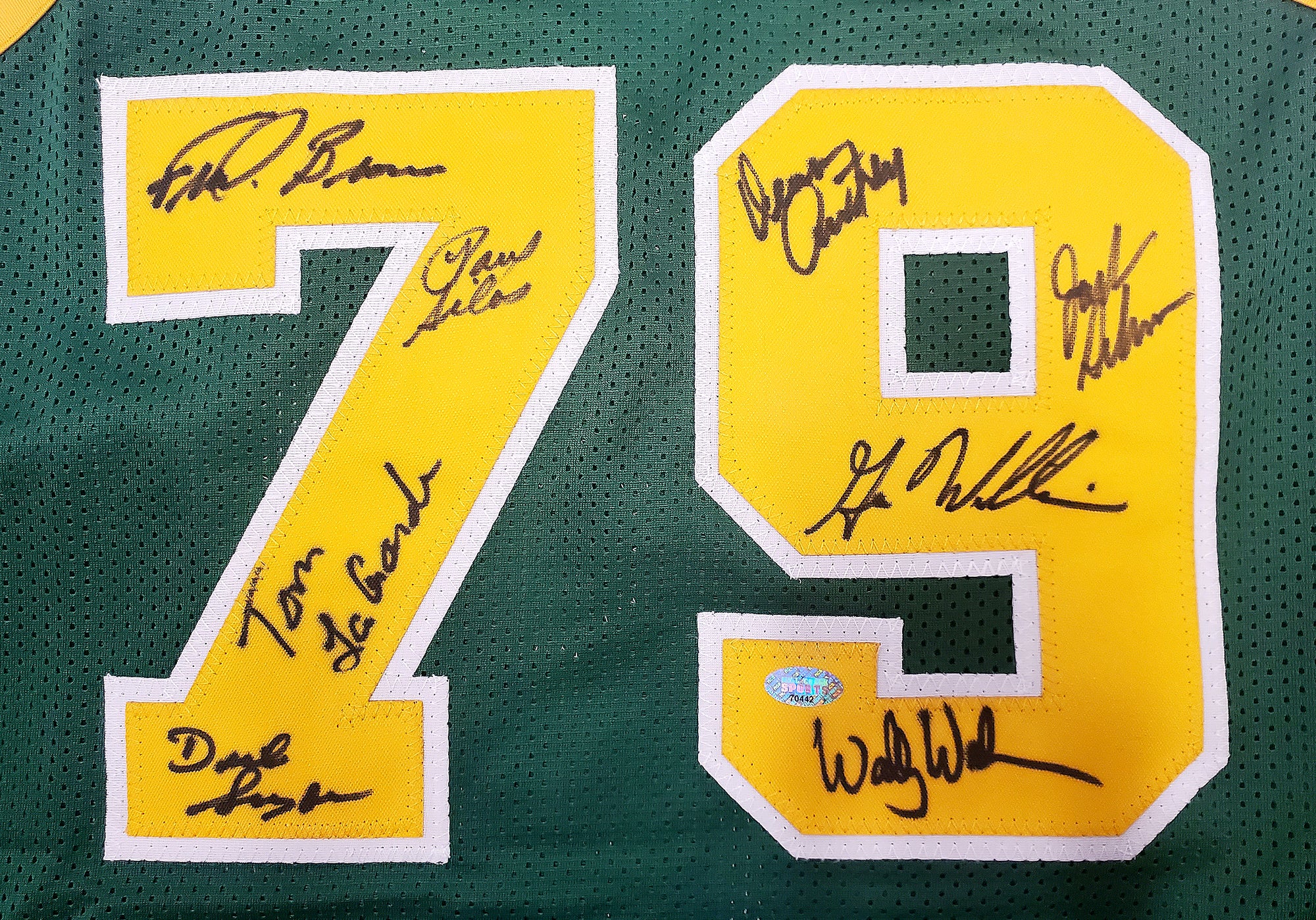 1978-79 NBA Champions Seattle Supersonics Multi Signed Autographed Green Jersey With 8 Signatures Including Fred Brown & Gus Williams MCS Holo Stock #145850 - Image 4