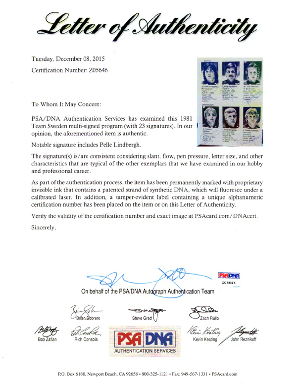 1981 Team Sweden Autographed 4x6 Program With 23 Total Signatures Including Pelle Lindbergh PSA/DNA #Z05646 - Image 5