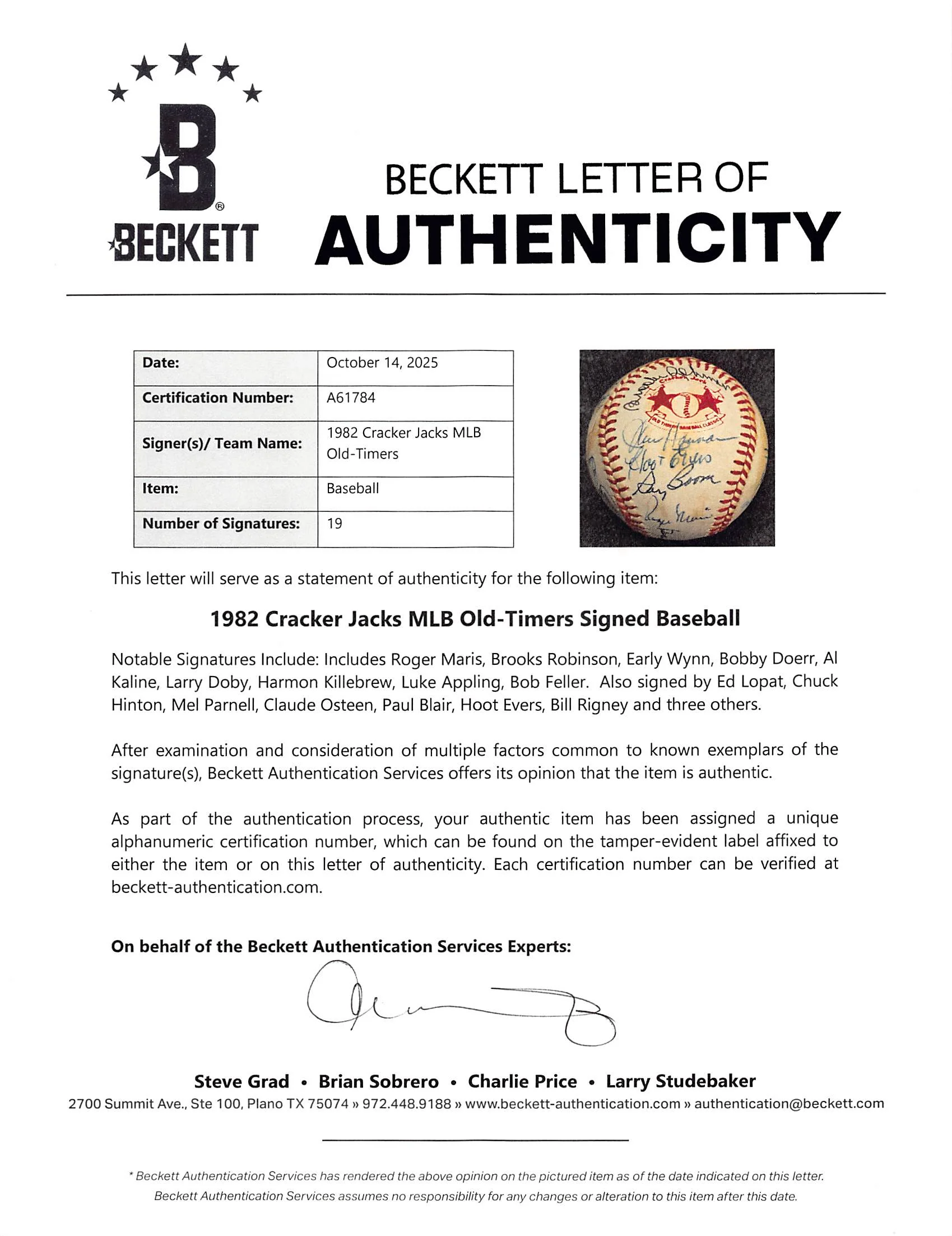 1982 Cracker Jacks (19) Maris, Robinson, Killebrew Signed Baseball BAS #A61784 - Image 9