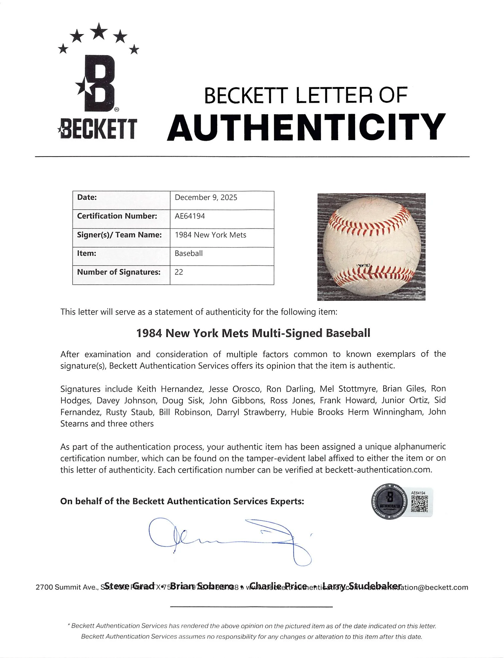 1984 Mets (22) Hernandez, Darling, Strawberry +19 Signed Baseball BAS #AE64194 - Image 9