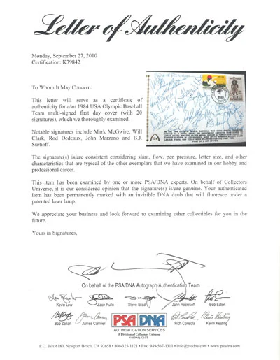 1984 USA Olympic Team Autographed First Day Cover With 20 Total Signatures Including Mark McGwire & Will Clark PSA/DNA #K39842 - Image 2