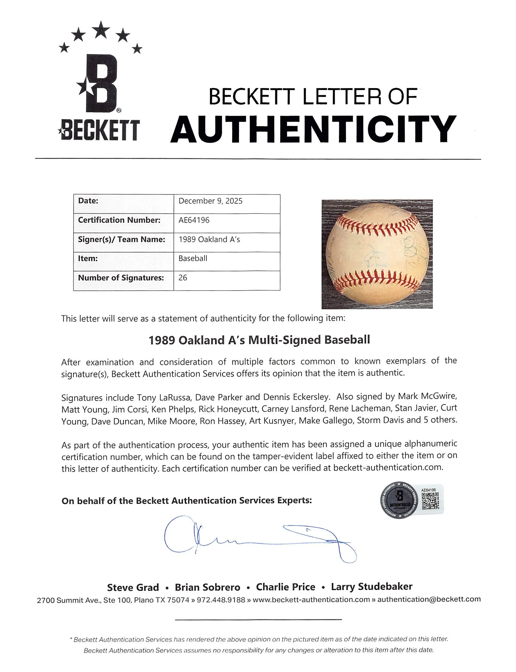 1989 Athletics (26) LaRussa, Parker, Eckersley +23 Signed Baseball BAS #AE64196 - Image 9