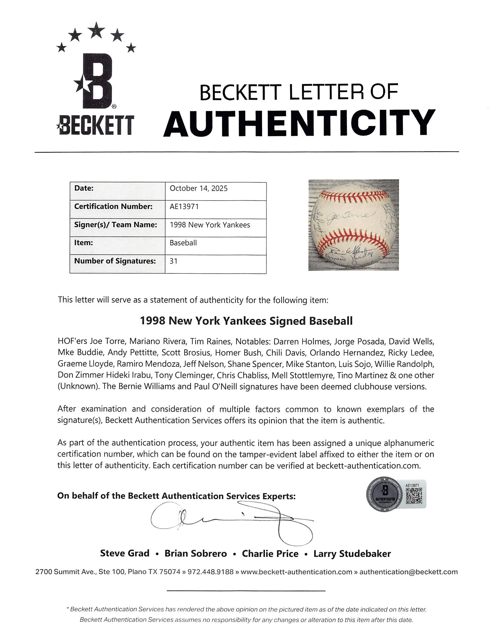1998 Yankees (31) Torre, Rivera, Raines Signed WS Logo OML Baseball BAS #AE13971 - Image 7