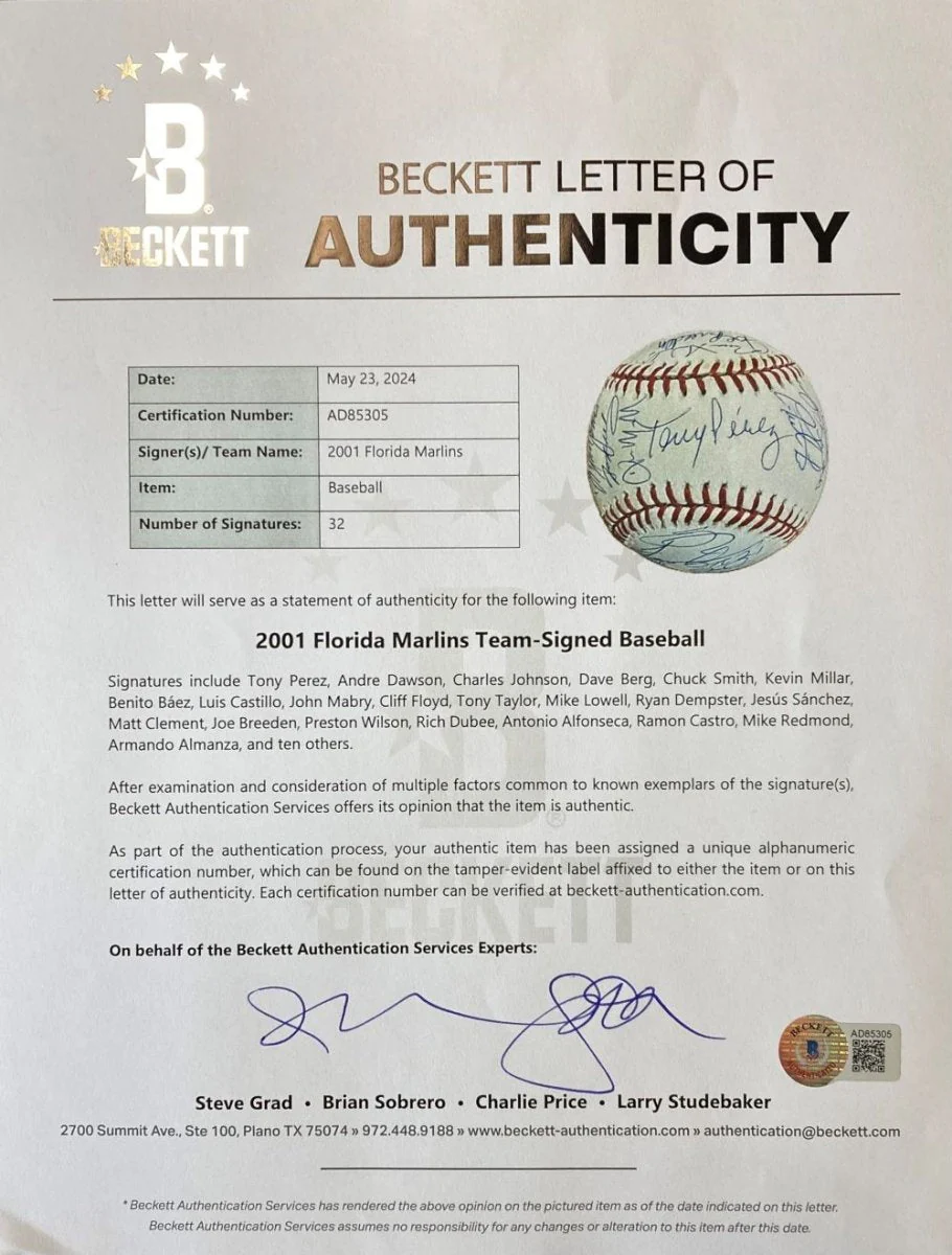 2001 Florida Marlins (32) Team Signed Rawlings Official MLB Baseball BAS LOA - Image 7