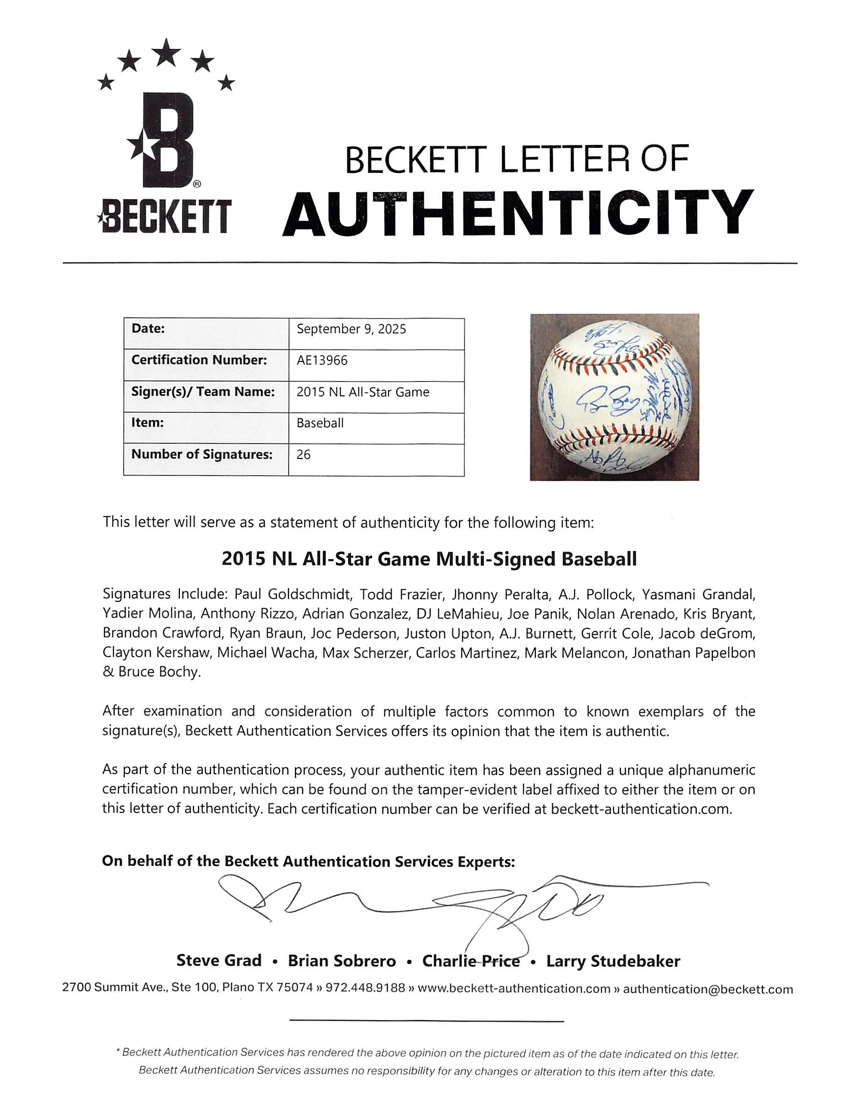 2015 NL ASG (26) Bryant, deGrom, Kershaw, Scherzer Signed Baseball BAS #AE13966 - Image 7