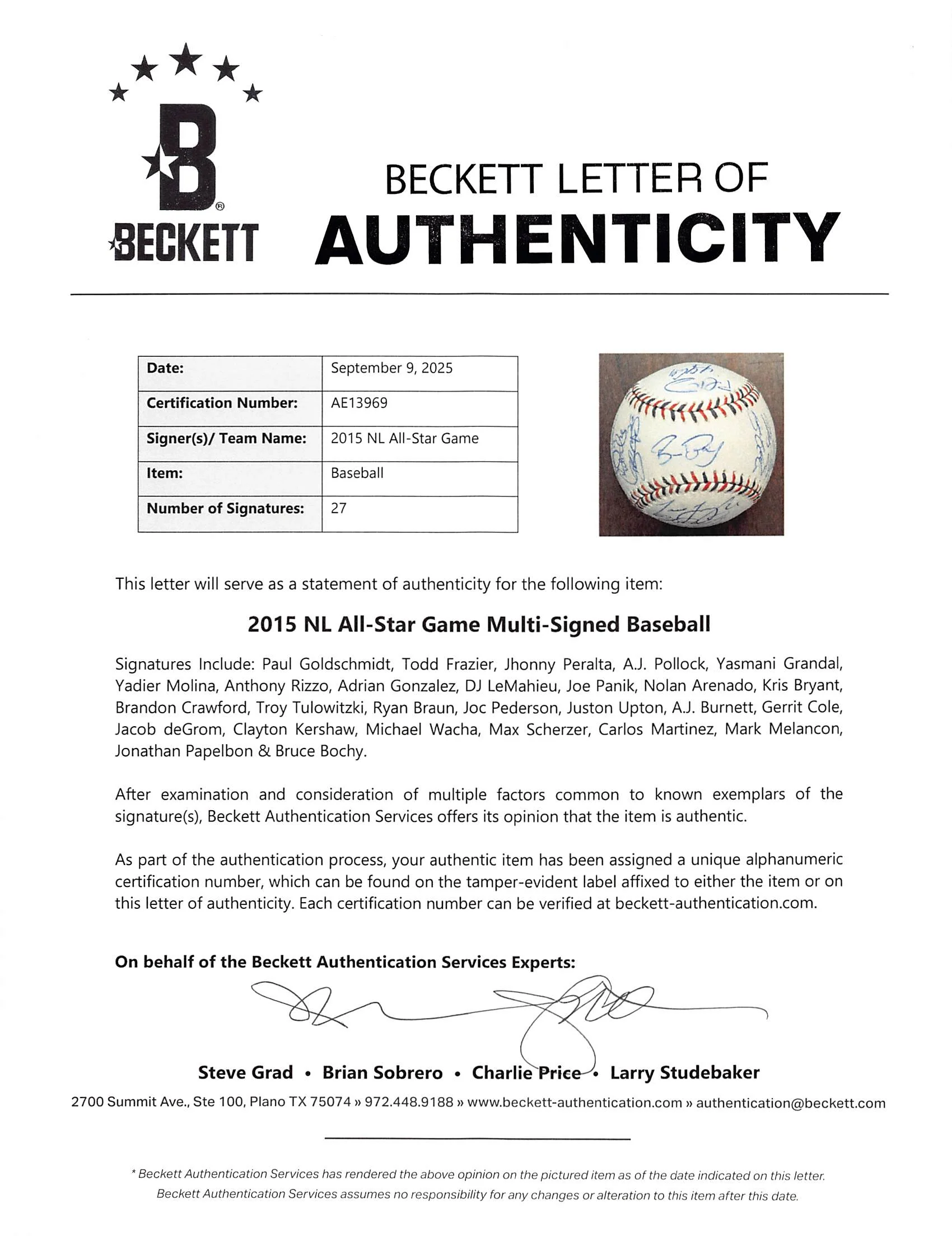 2015 NL ASG (27) Bryant, deGrom, Kershaw, Scherzer Signed Baseball BAS #AE13969 - Image 7