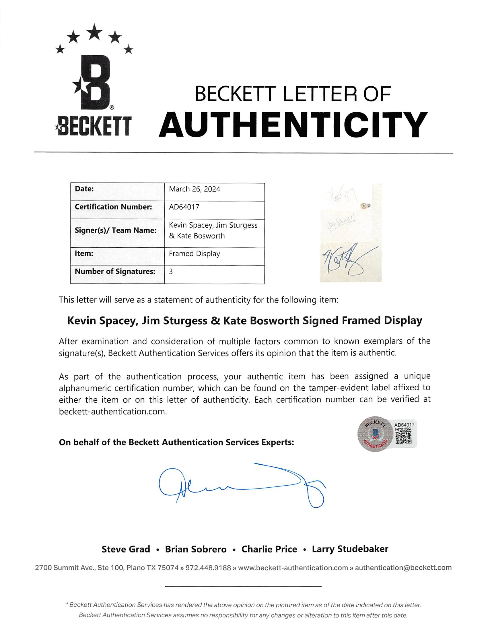 21 (3) Spacey, Sturgess & Bosworth Authentic Signed Framed Display BAS #AD64017 - Image 6