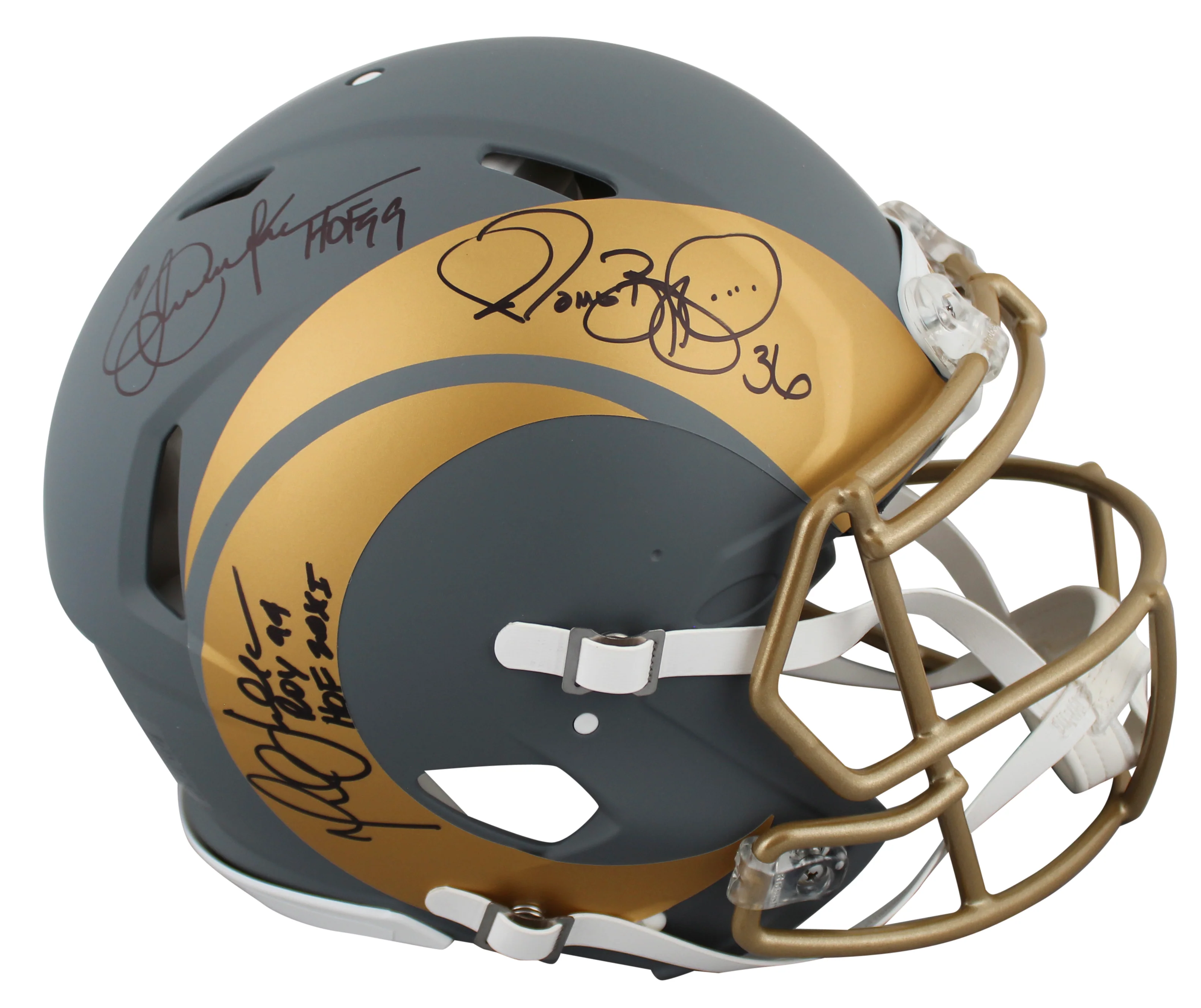 (3) Bettis, Dickerson, & Faulk Signed Slate F/S Speed Proline Helmet w/ Case BAS - Image 3