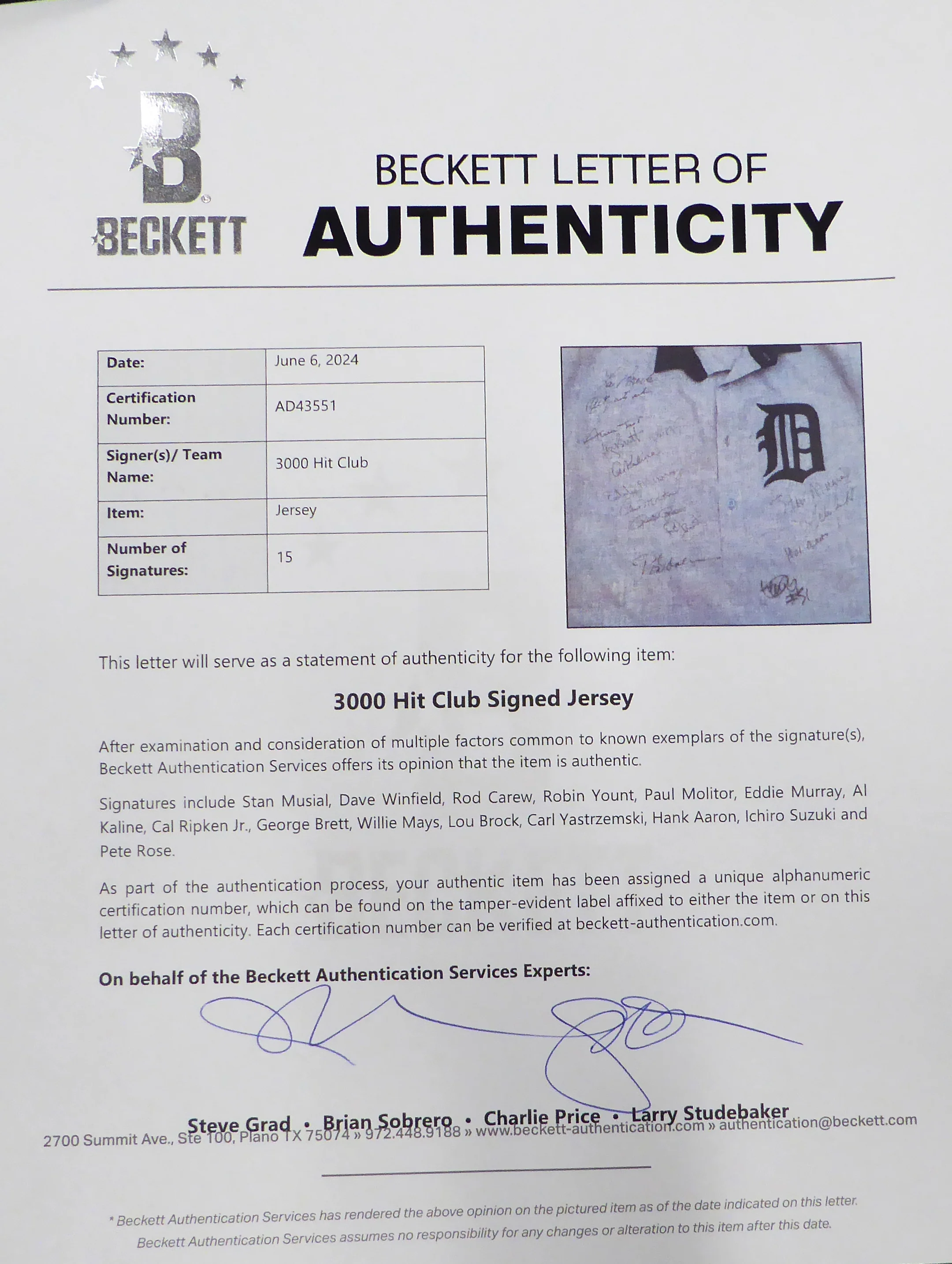3000 Hit Club Autographed Jersey With 15 Signatures Including Aaron, Mays, Ichiro & Rose Beckett BAS #AD43551 - Image 5