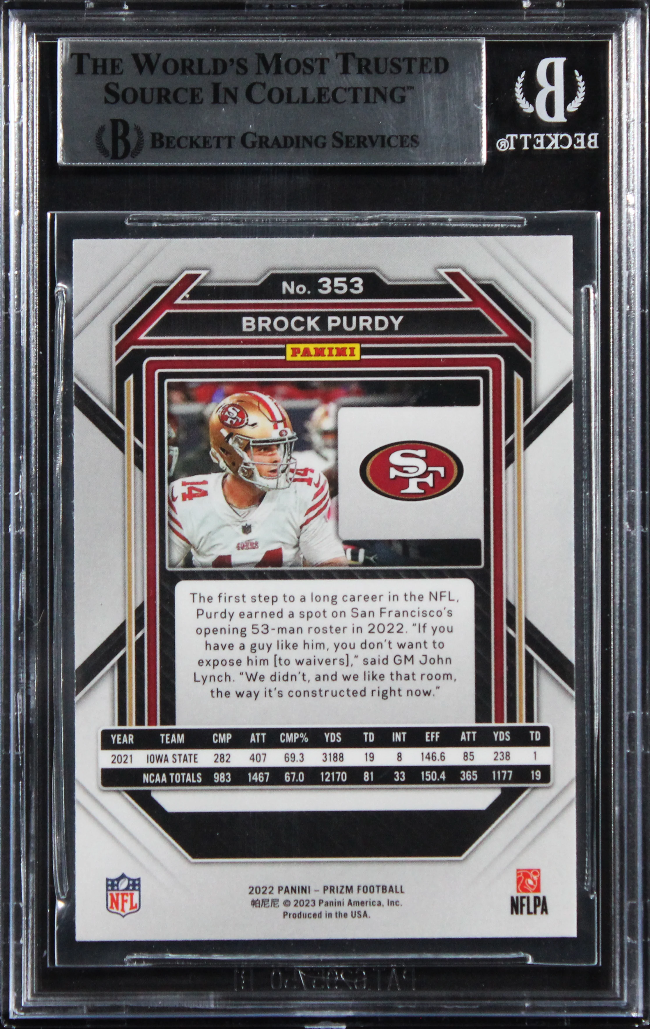 49ers Brock Purdy 2022 Panini Prizm #353 Rookie Card Autographed BAS Slabbed - Image 3