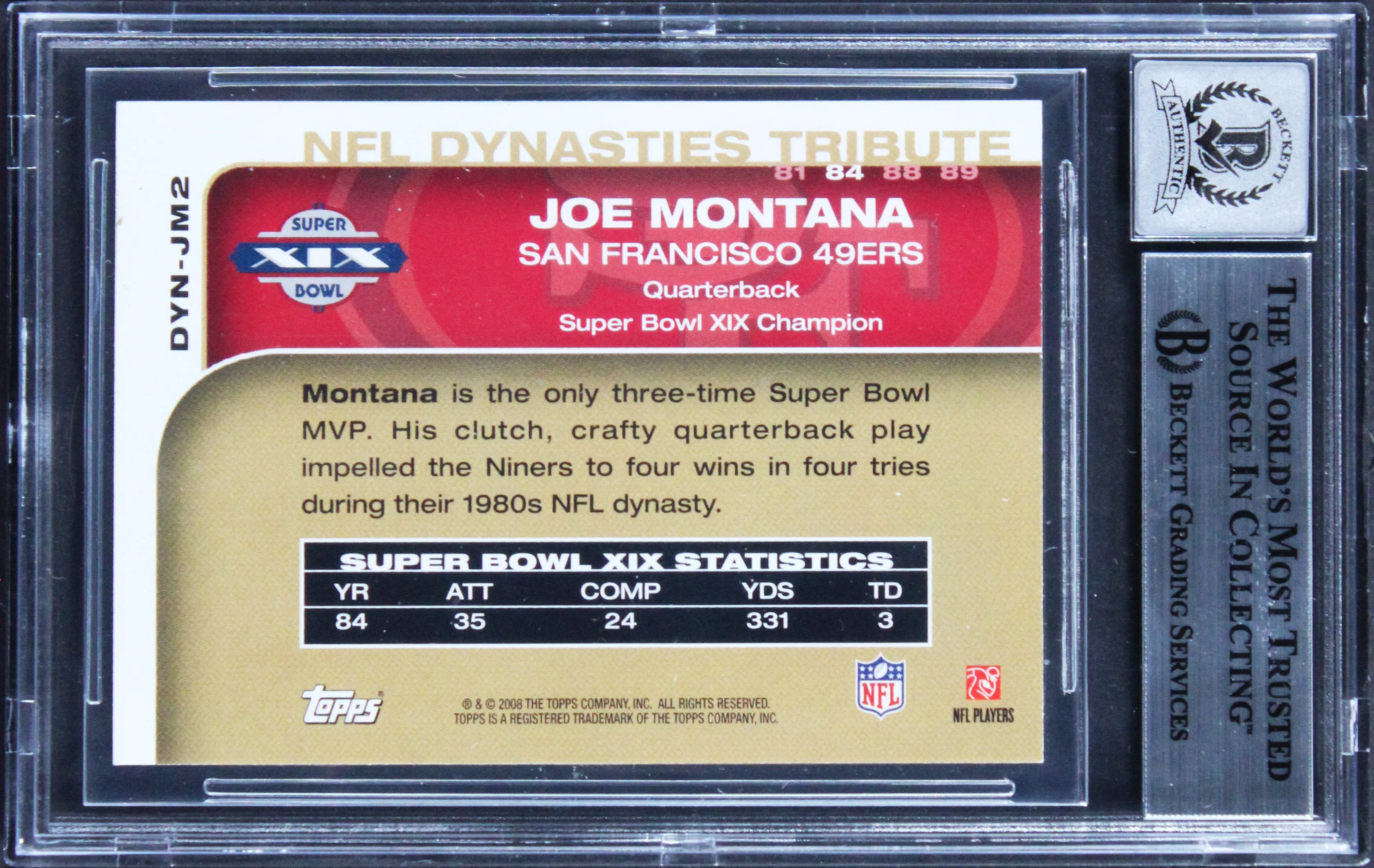 49ers Joe Montana Signed 2008 Topps Dynasties #DYNJM2 Card Auto 10! BAS Slabbed - Image 3