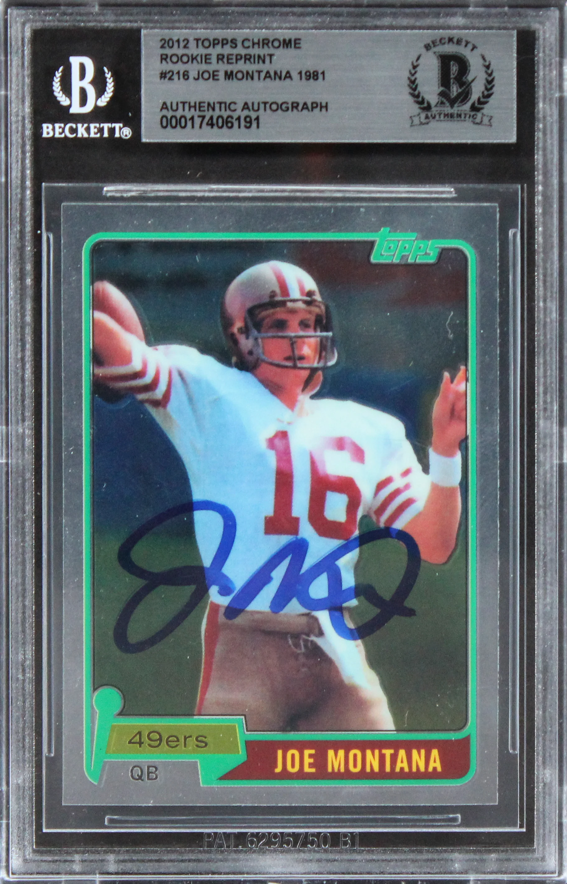 49ers Joe Montana Signed 2012 Topps Chrome Rookie Reprint #216 Card BAS Slabbed - Image 2