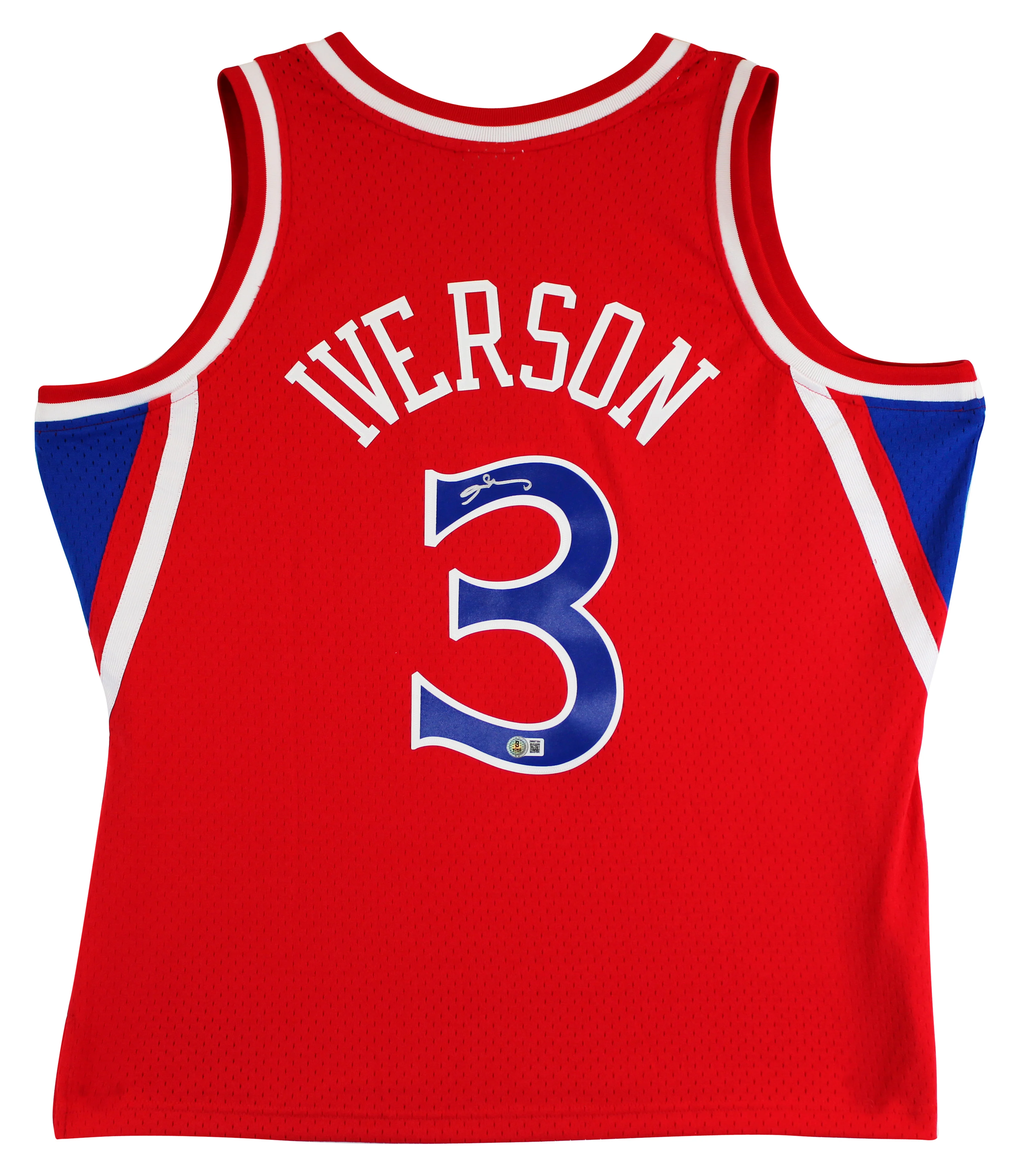 76ers Allen Iverson Signed Red 1996-97 M&N HWC Swingman Jersey BAS Witnessed - Image 3