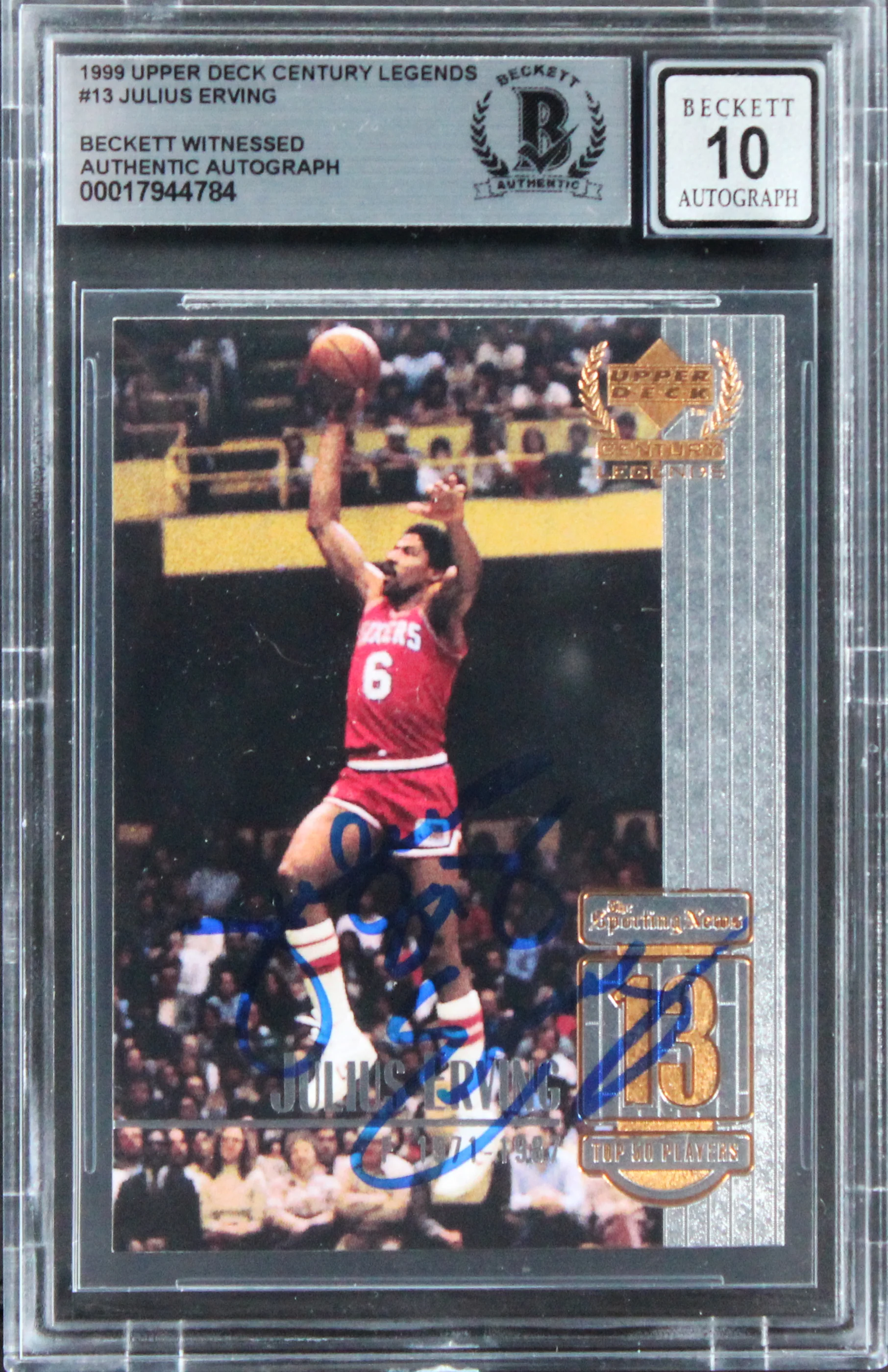 76ers Julius Erving Signed 1999 Upper Deck CL #13 Card Auto 10! BAS Slabbed - Image 2