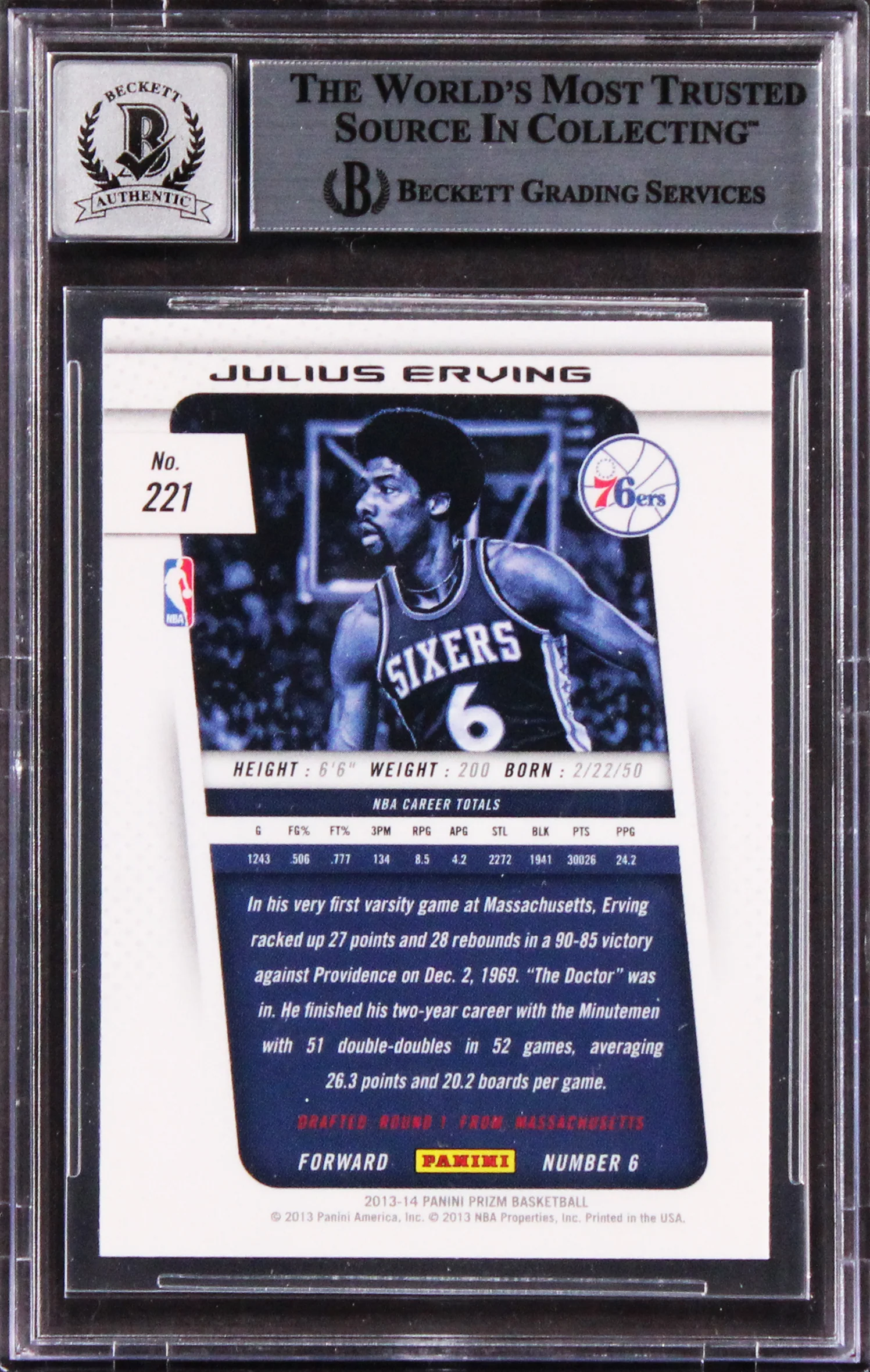76ers Julius Erving Signed 2013 Panini Prizm #221 Card Auto 10! BAS Slabbed - Image 3