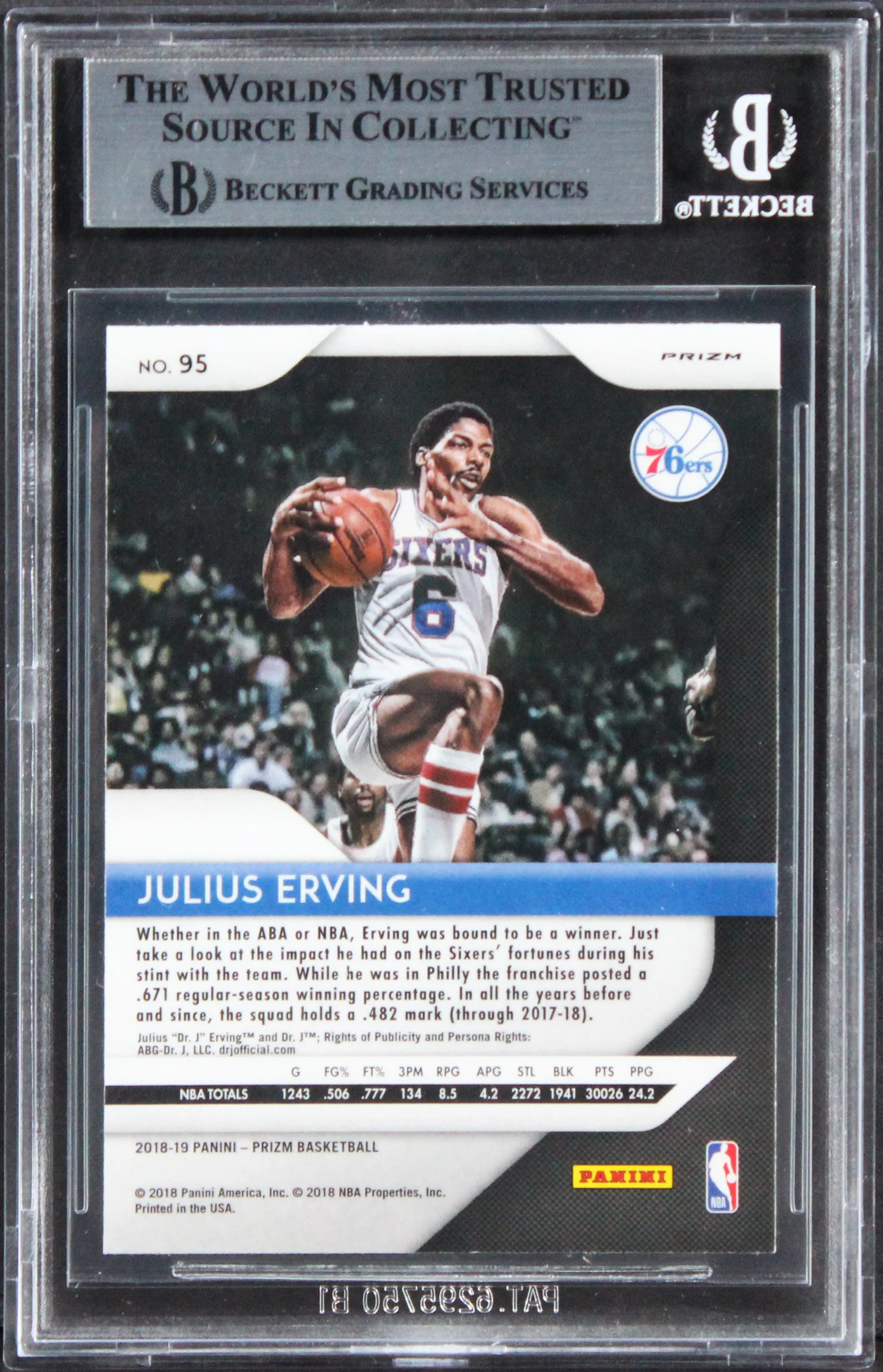 76ers Julius Erving Signed 2018 Panini Prizm Prizms Silver #95 Card BAS Slabbed - Image 3