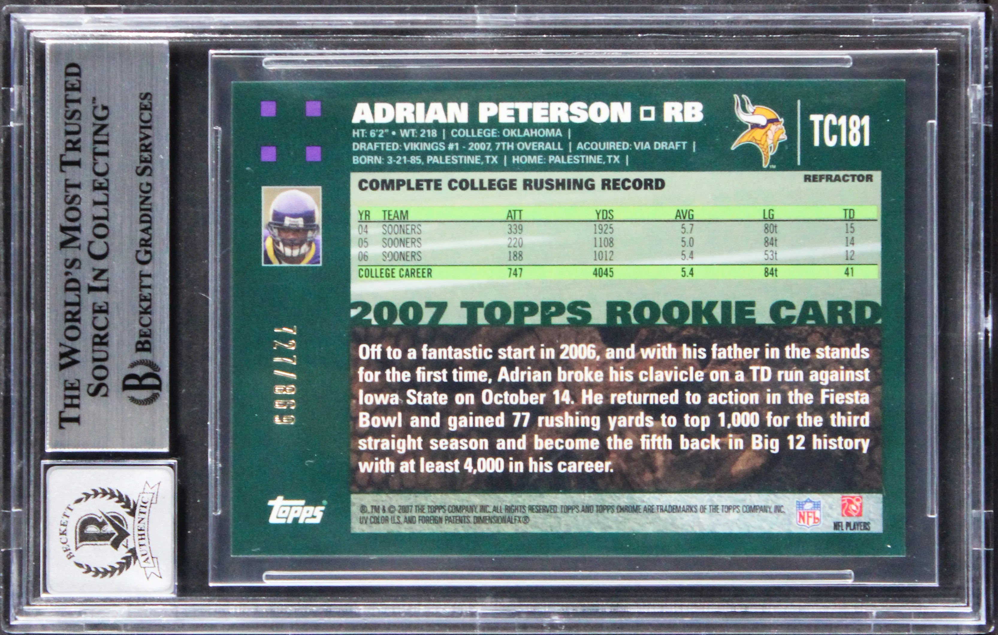 Adrian Peterson Signed 2007 Topps Chrome White Ref #TC181 Card Auto 10! BAS Slab - Image 3