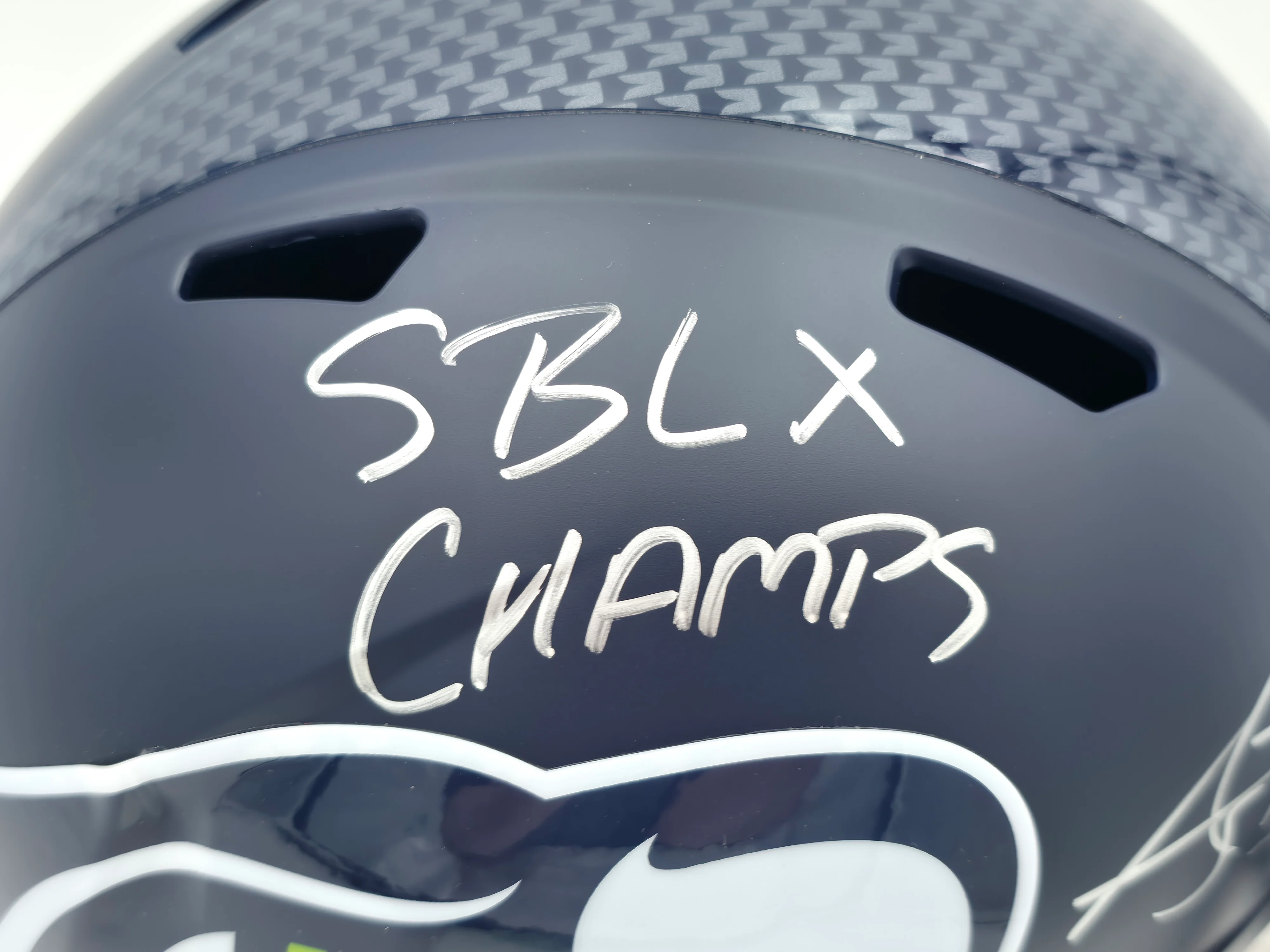 AJ Barner Autographed Seattle Seahawks Blue Full Size Super Bowl LX Champions Logo Speed Replica Helmet "SB LX Champs" Beckett BAS Witness Stock #262479 - Image 3