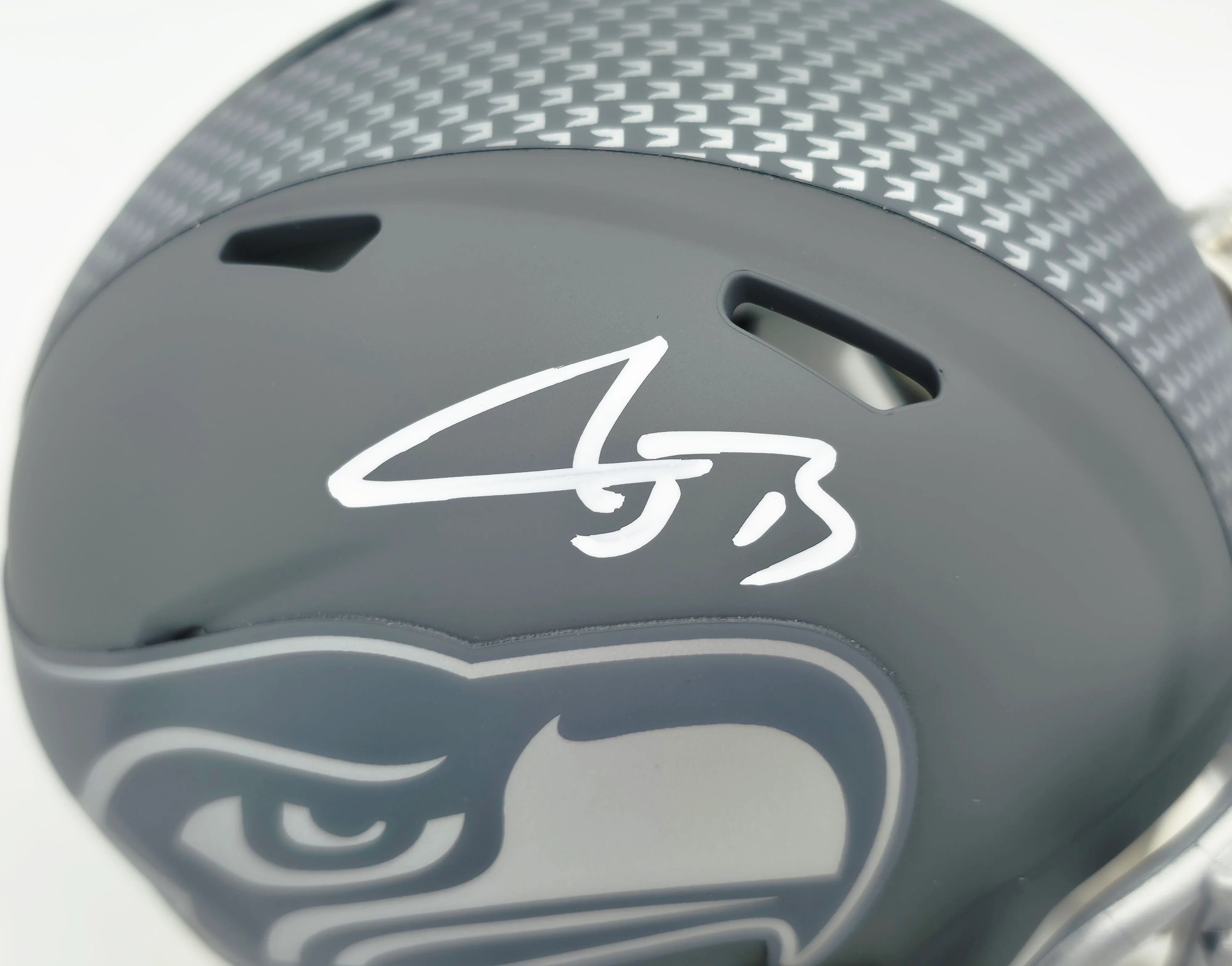 AJ Barner Autographed Seattle Seahawks Slate Gray Speed Mini Helmet Beckett BAS Witness Stock #262485 - Image 2