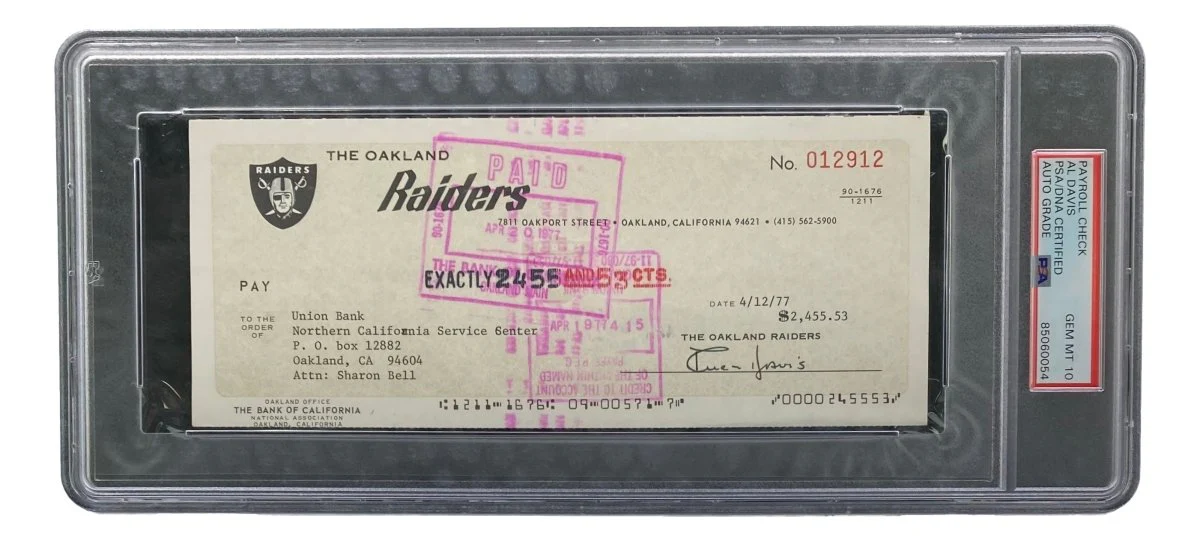 Al Davis Signed Oakland Raiders Bank Check #12912 PSA/DNA Gem MT 10