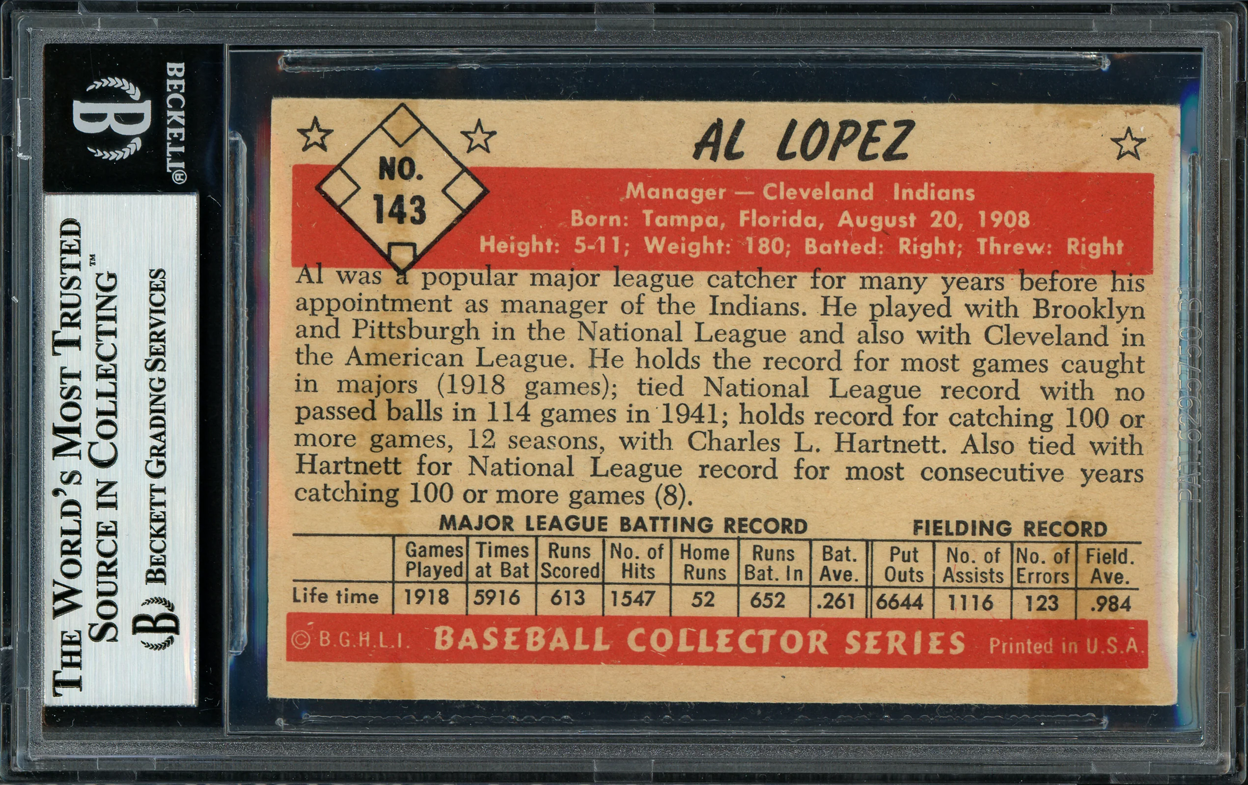 Al Lopez Autographed 1953 Bowman Color Card #143 Cleveland Indians Beckett BAS #11484720 - Image 2