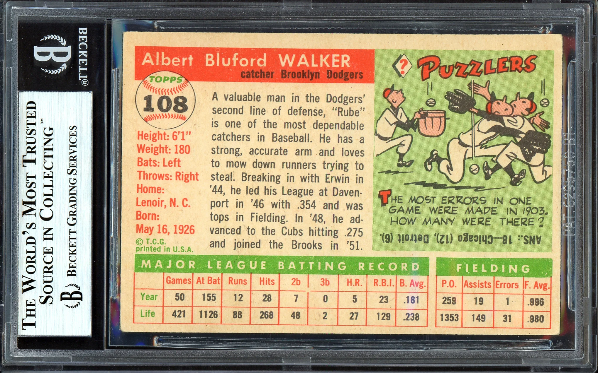 Al "Rube" Walker Autographed 1955 Topps Card #108 Brooklyn Dodgers Beckett BAS #13610047 - Image 2