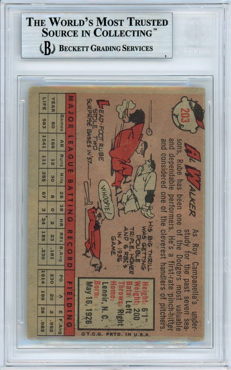 Al "Rube" Walker Autographed 1958 Topps Card #203 Brooklyn Dodgers Beckett BAS #10982224 - Image 2