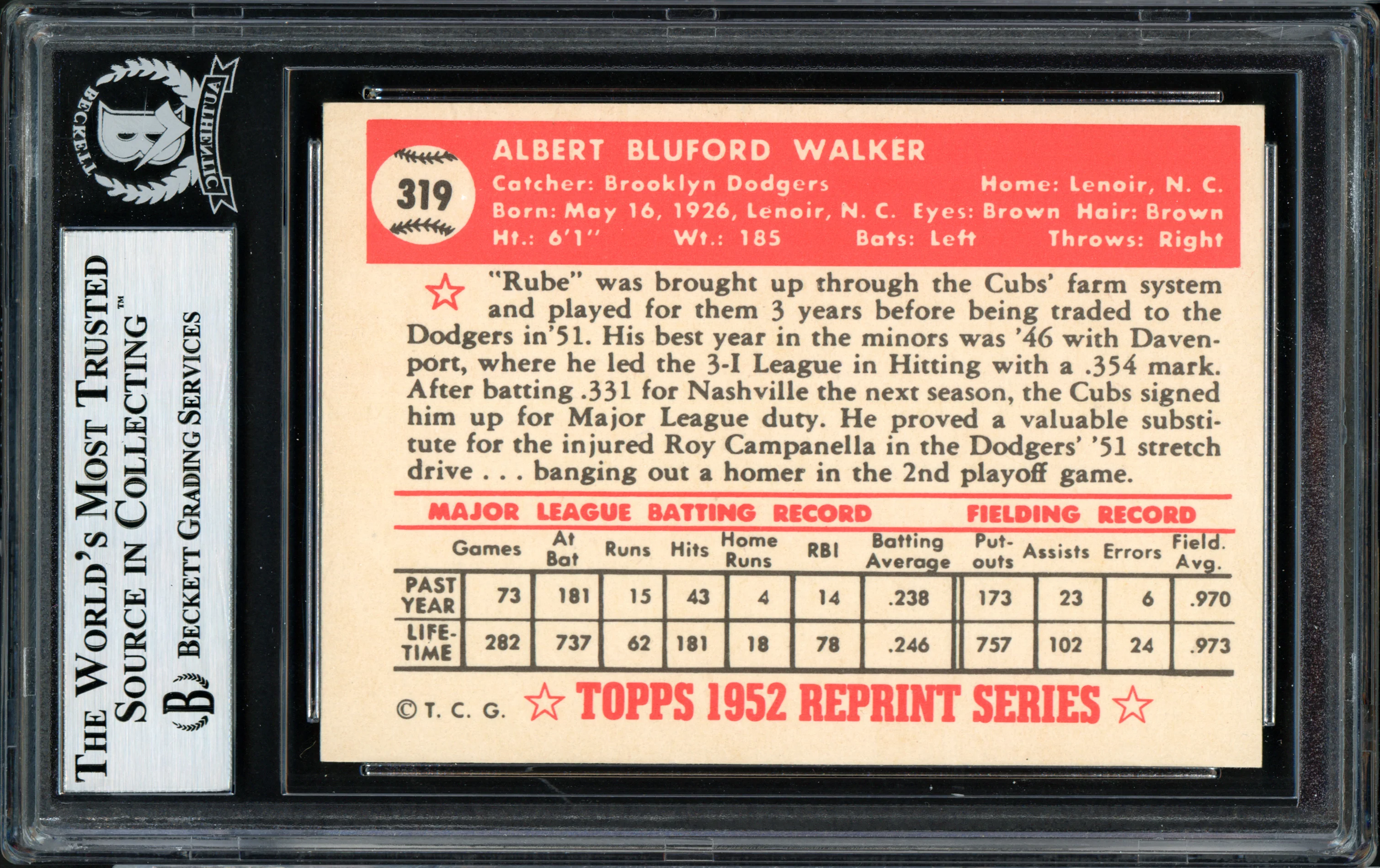 Al "Rube" Walker Autographed 1983 1952 Topps Reprint Card #319 Brooklyn Dodgers Beckett BAS #12058762 - Image 2