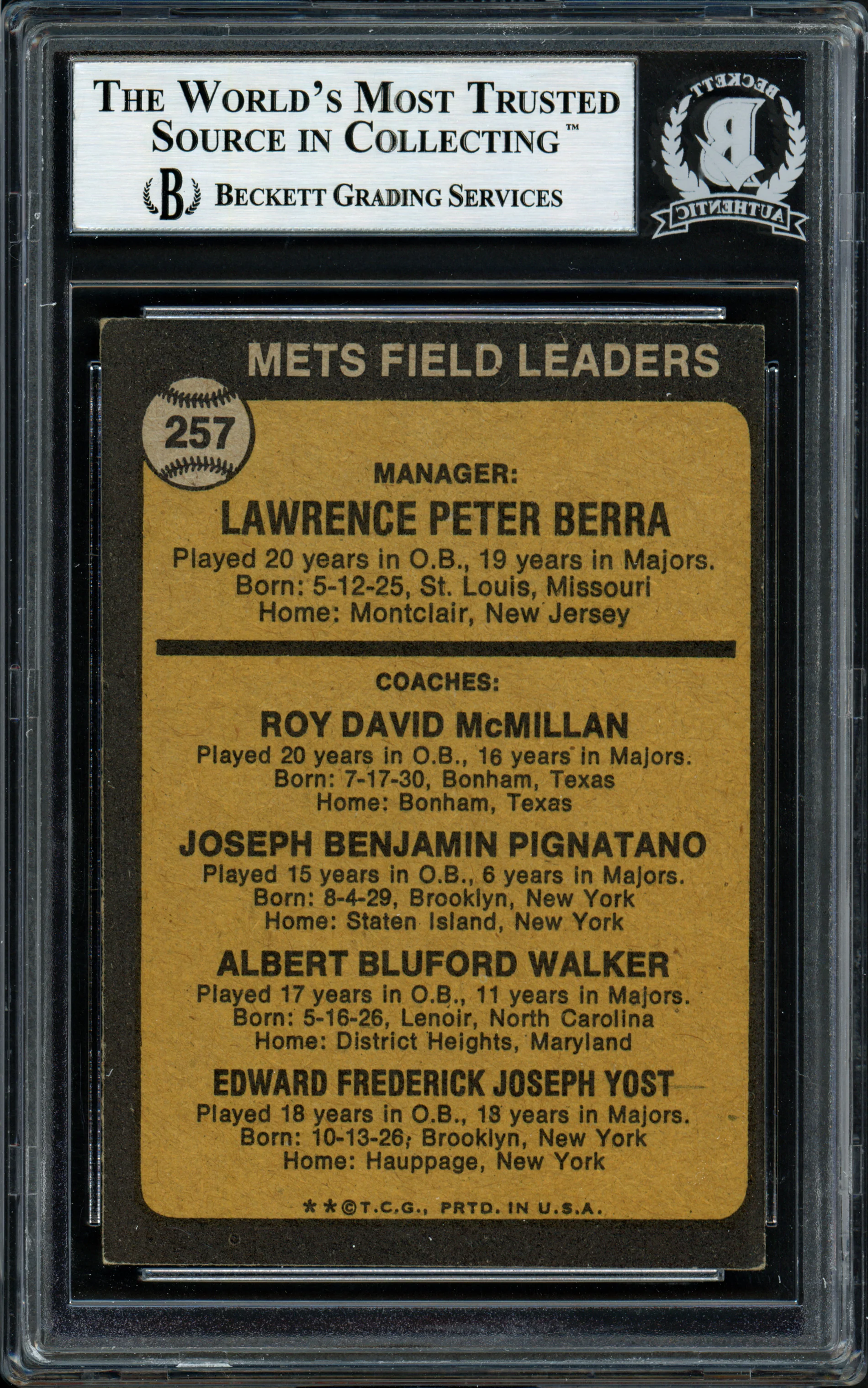Al "Rube" Walker & Roy McMillan Autographed 1973 Topps Card #257 New York Mets Beckett BAS #12057381 - Image 2