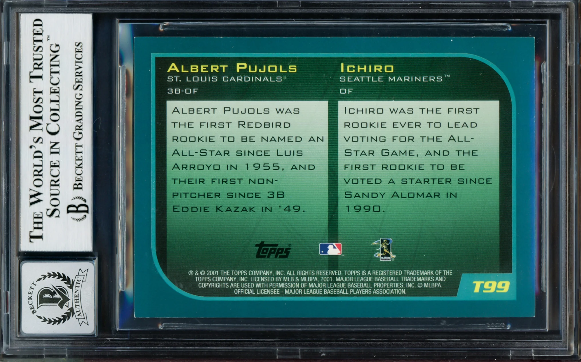 Albert Pujols & Ichiro Suzuki Autographed 2001 Topps Traded Rookie Card #T99 Auto Grade Gem Mint 10 "01 ROY" Beckett BAS #14128977 - Image 5