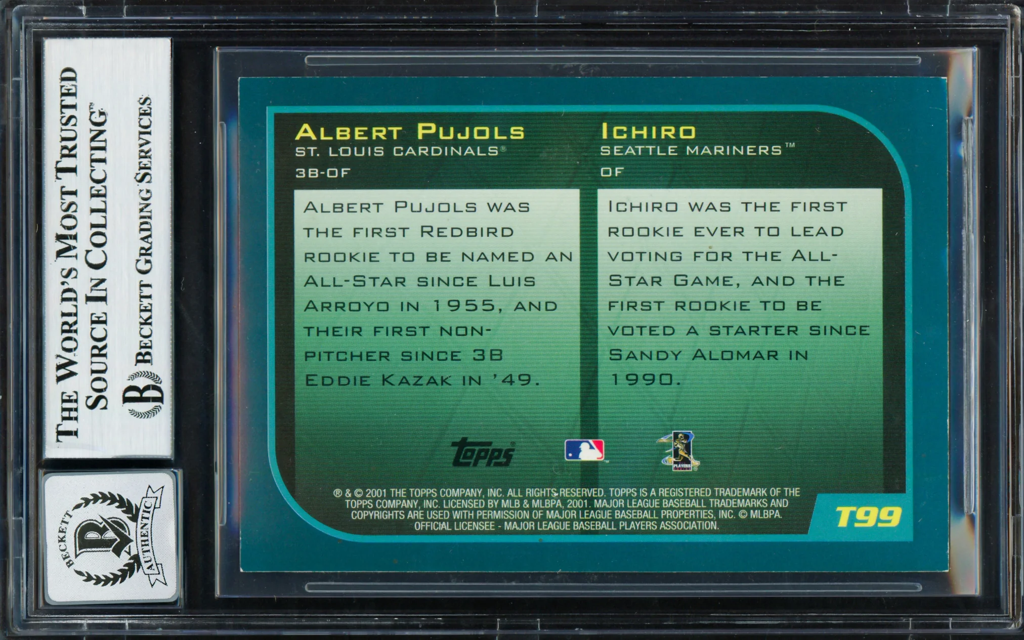Albert Pujols & Ichiro Suzuki Autographed 2001 Topps Traded Rookie Card #T99 Auto Grade Gem Mint 10 "01 ROY" Beckett BAS #18630007 - Image 2