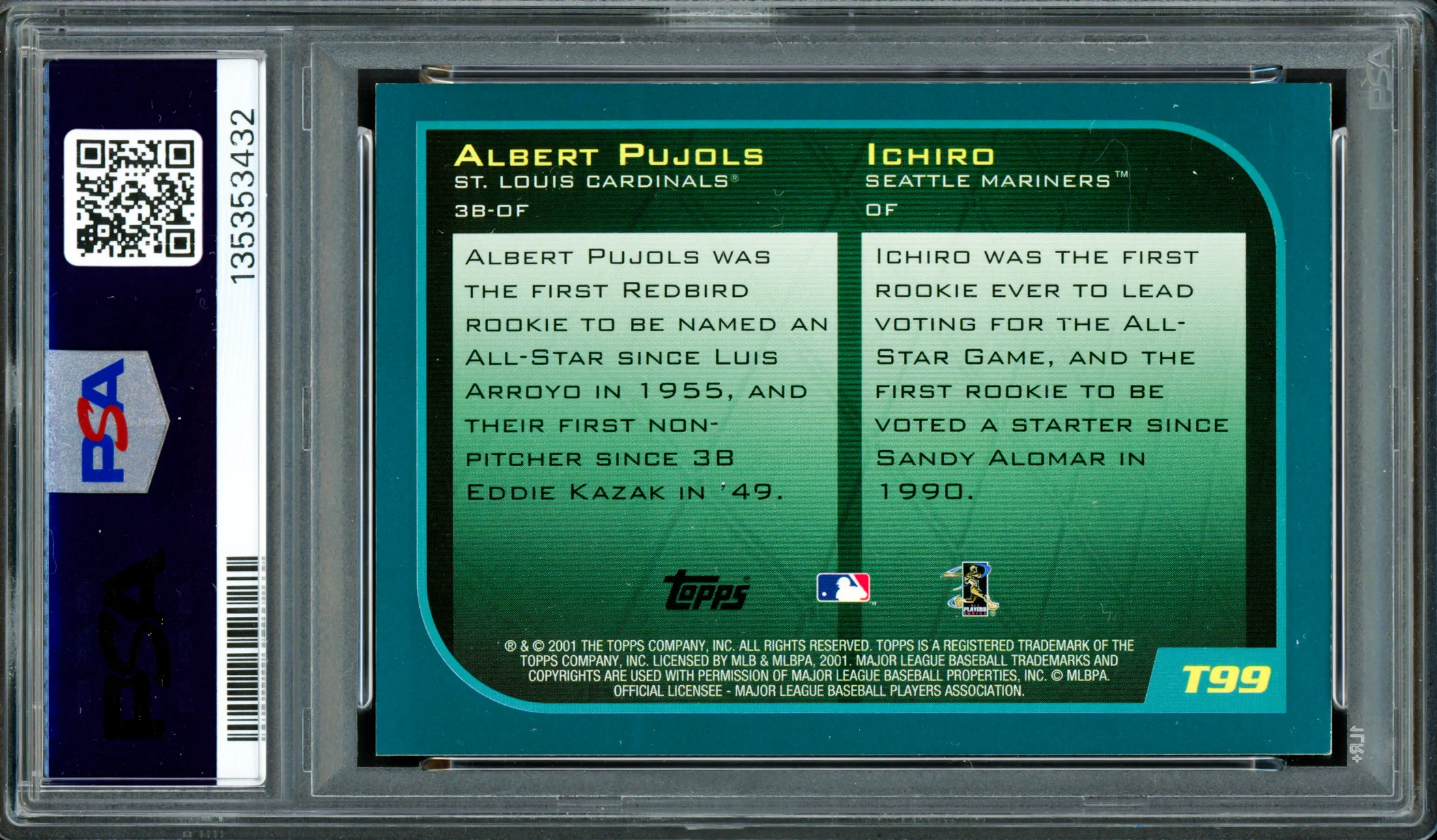 Albert Pujols & Ichiro Suzuki Autographed 2001 Topps Traded Rookie Card #T99 Auto Grade Gem Mint 10 "01 ROY" PSA/DNA #135353432 - Image 2