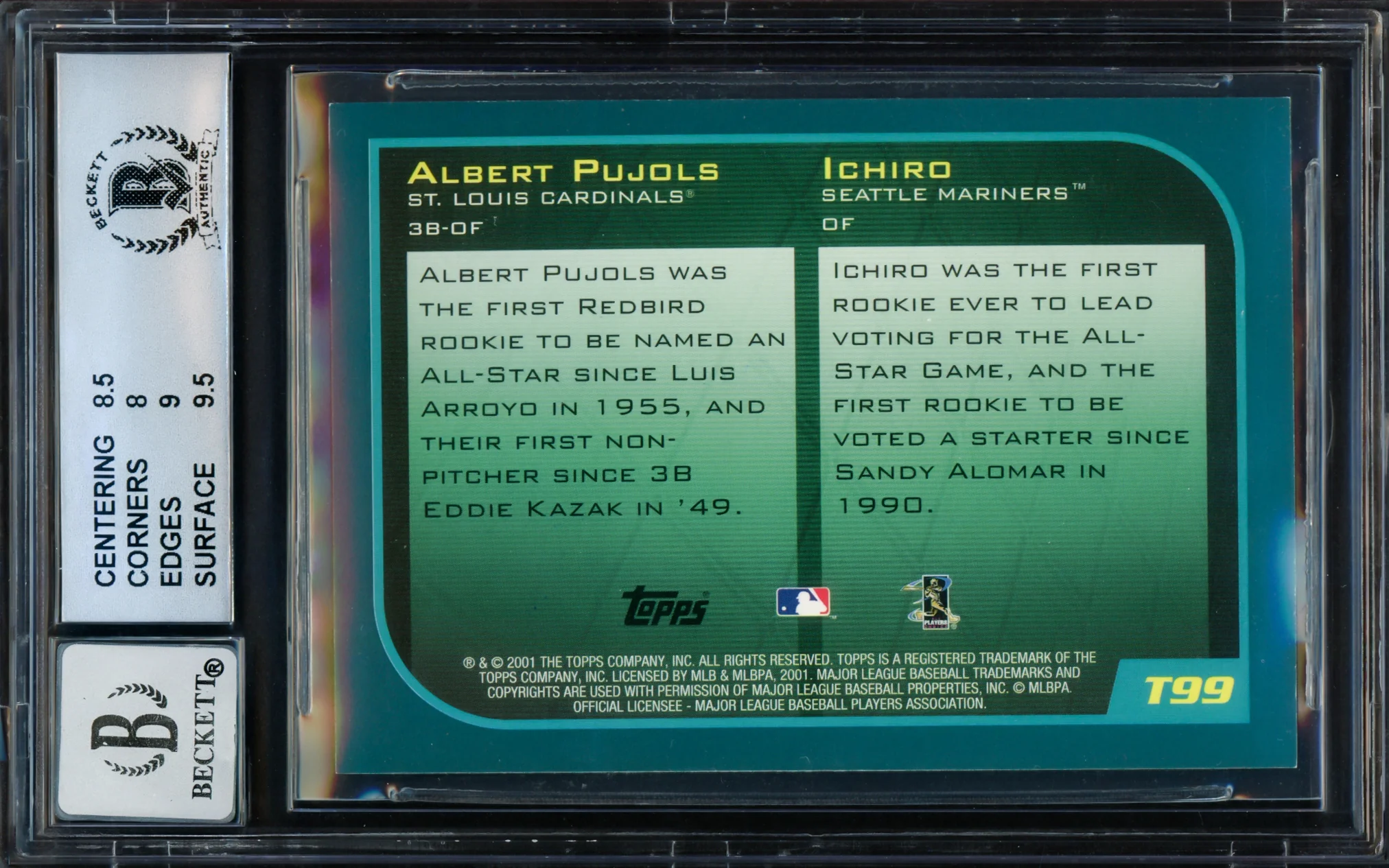 Albert Pujols & Ichiro Suzuki Autographed 2001 Topps Traded Rookie Card #T99 BGS 8.5 Auto Grade Gem Mint 10 Beckett BAS #15681090 - Image 2