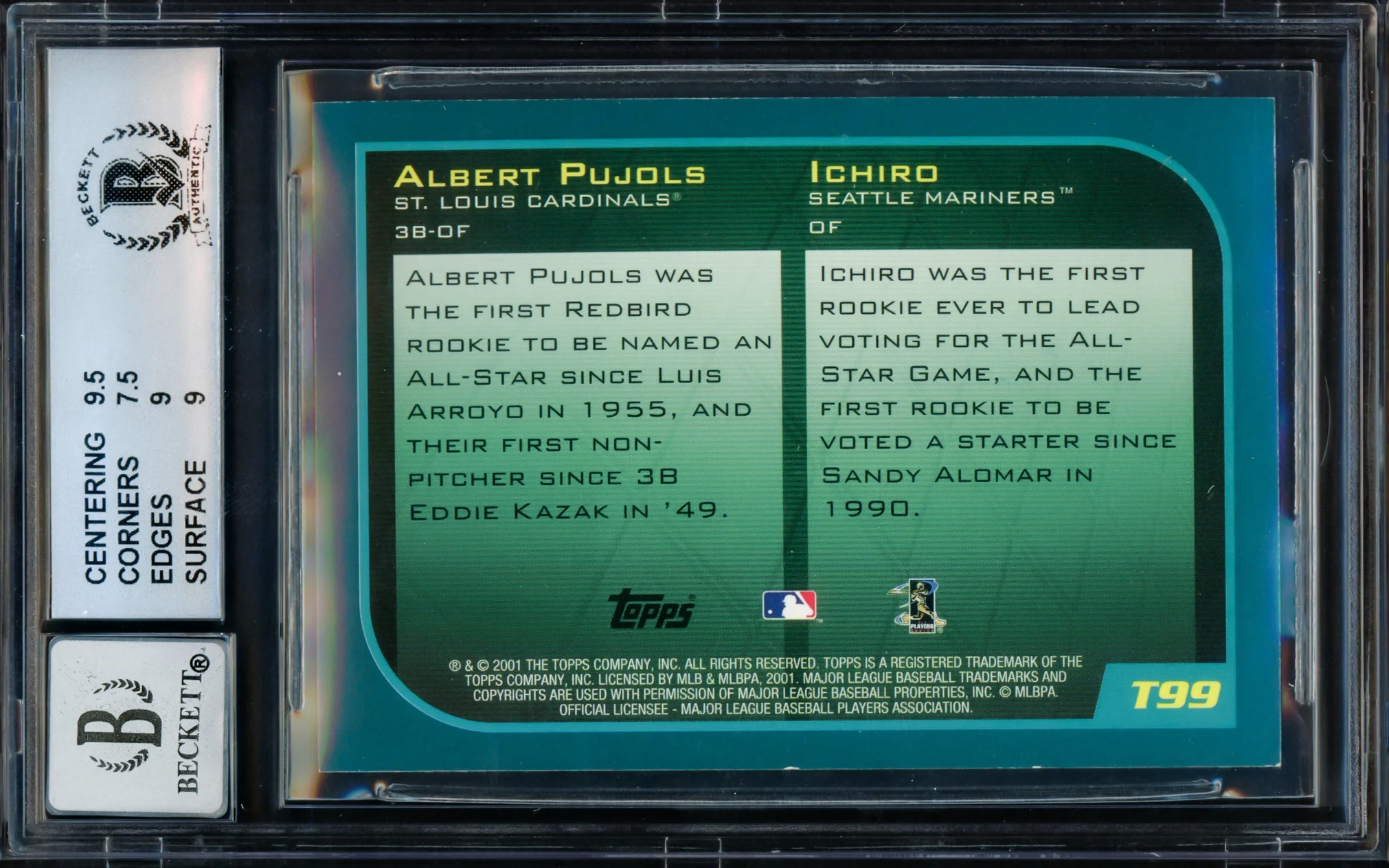 Albert Pujols & Ichiro Suzuki Autographed 2001 Topps Traded Rookie Card #T99 BGS 8 Auto Grade Gem Mint 10 "01 ROY" Beckett BAS #15681121 - Image 2