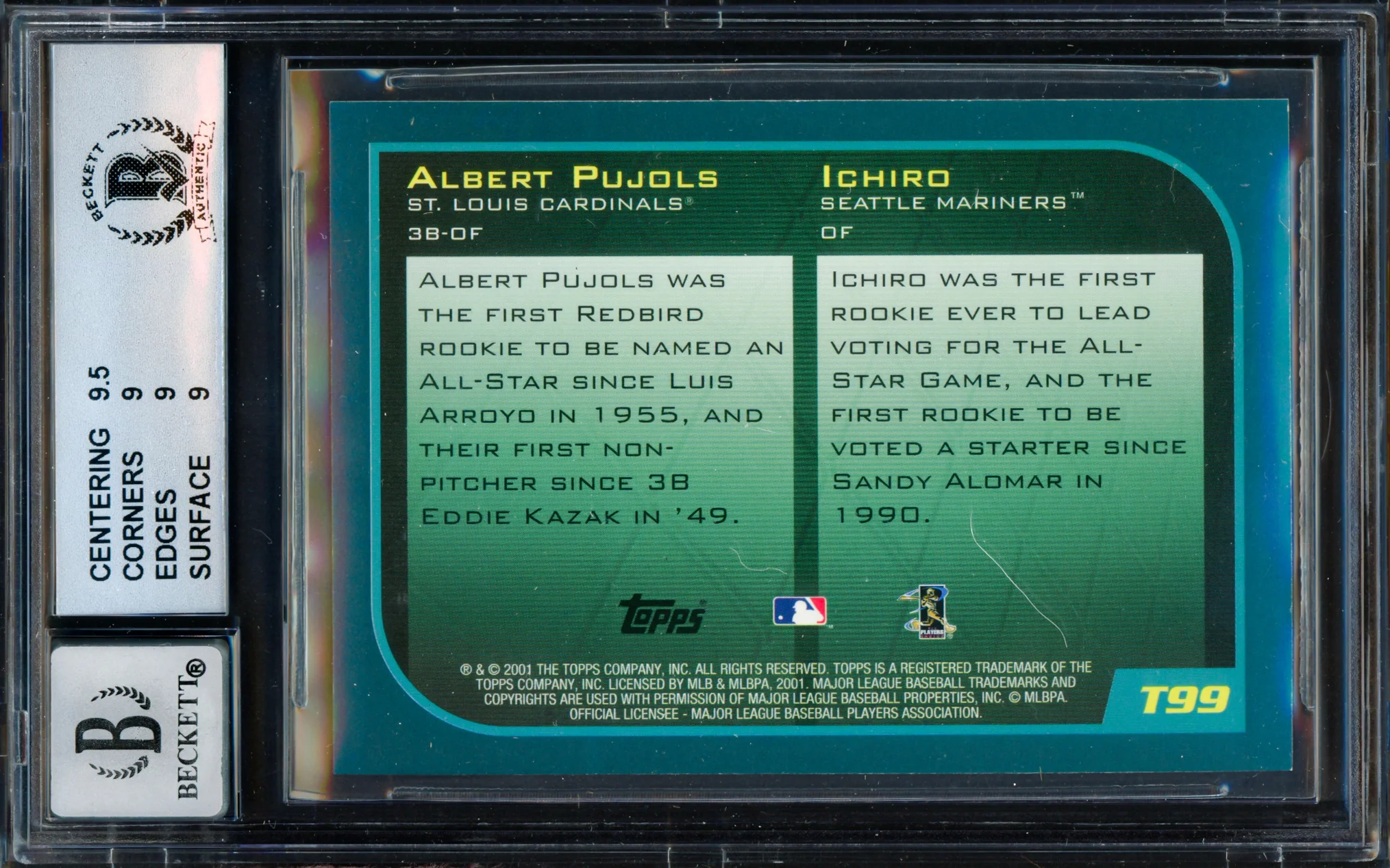 Albert Pujols & Ichiro Suzuki Autographed 2001 Topps Traded Rookie Card #T99 BGS 9 Auto Grade Gem Mint 10 Beckett BAS #15681117 - Image 2