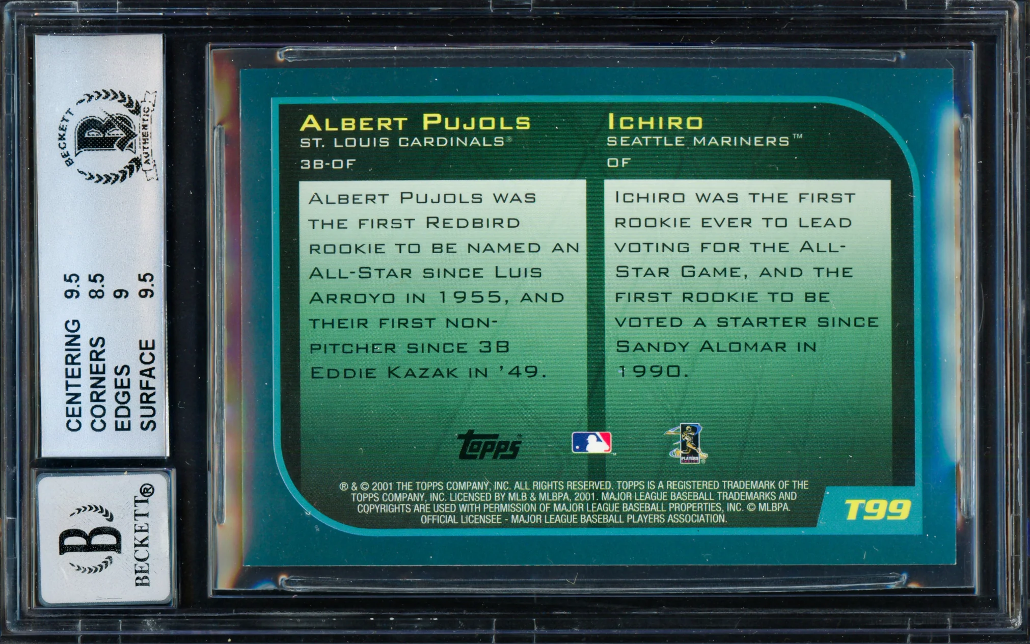 Albert Pujols & Ichiro Suzuki Autographed 2001 Topps Traded Rookie Card #T99 BGS 9 Auto Grade Gem Mint 10 Beckett BAS #15681119 - Image 2