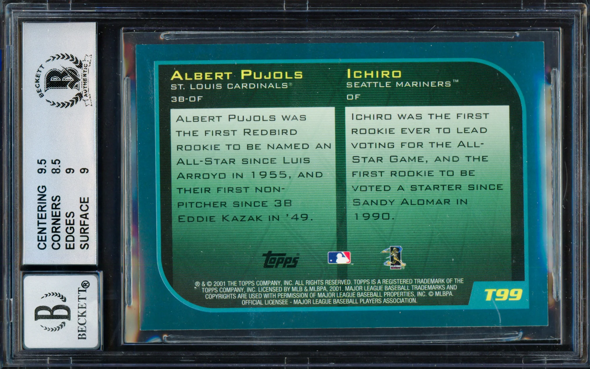 Albert Pujols & Ichiro Suzuki Autographed 2001 Topps Traded Rookie Card #T99 BGS 9 Auto Grade Gem Mint 10 Beckett BAS #15681135 - Image 2