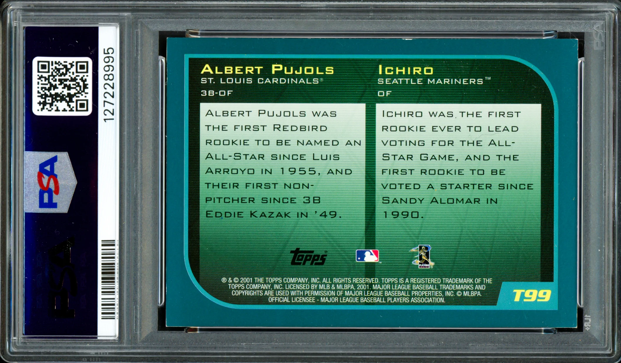 Albert Pujols & Ichiro Suzuki Autographed 2001 Topps Traded Rookie Card #T99 PSA 6 Auto Grade Gem Mint 10 "01 ROY" PSA/DNA #127228995 - Image 2