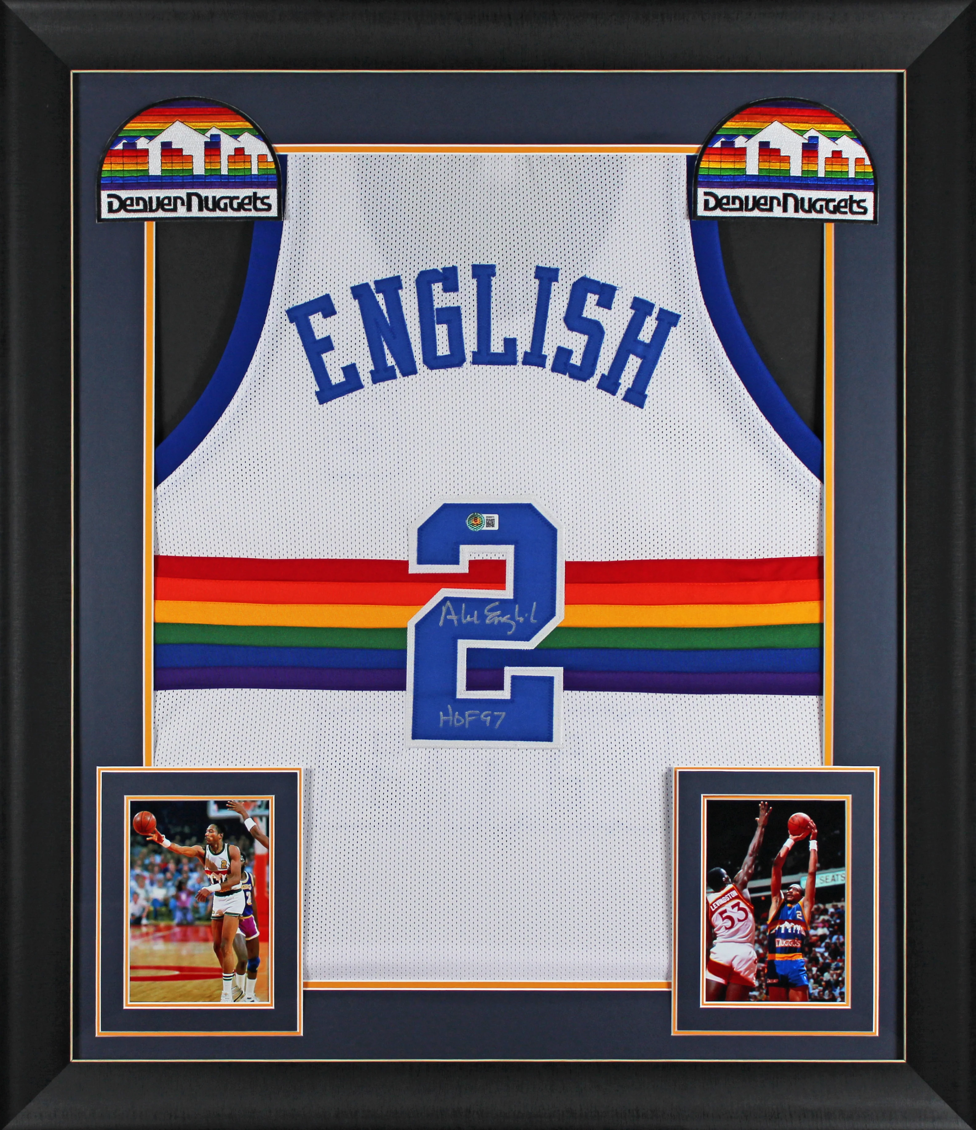 Alex English "HOF 97" Signed White Pro Style Framed Jersey BAS Witnessed - Image 2