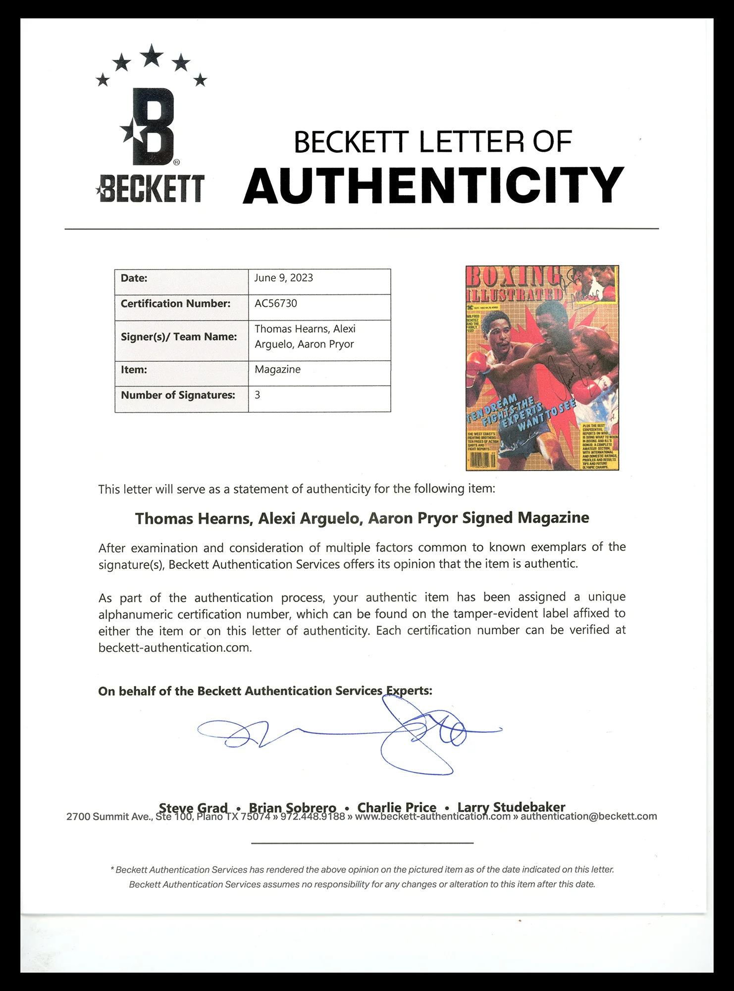 Alexis Arguello, Aaron Pryor & Thomas "Hitman" Hearns Autographed Boxing Illustrated Magazine Beckett BAS #AC56730 - Image 3